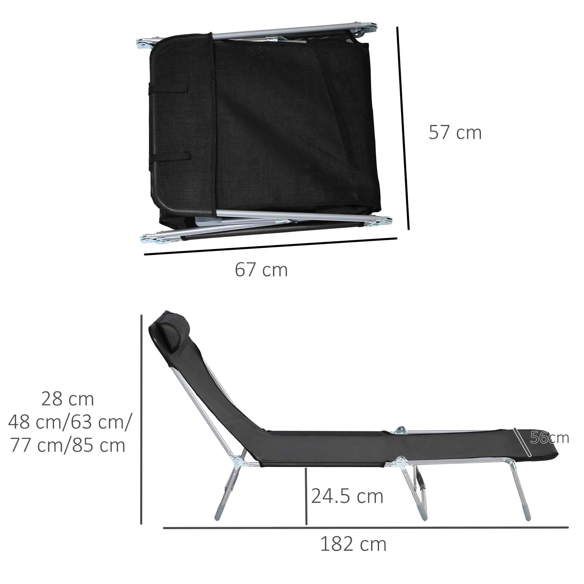 Outsunny Folding Garden Lounger with Reclining Backrest and Cushion, in Metal and Texteline, 182x56x28 cm, Black - Image 3