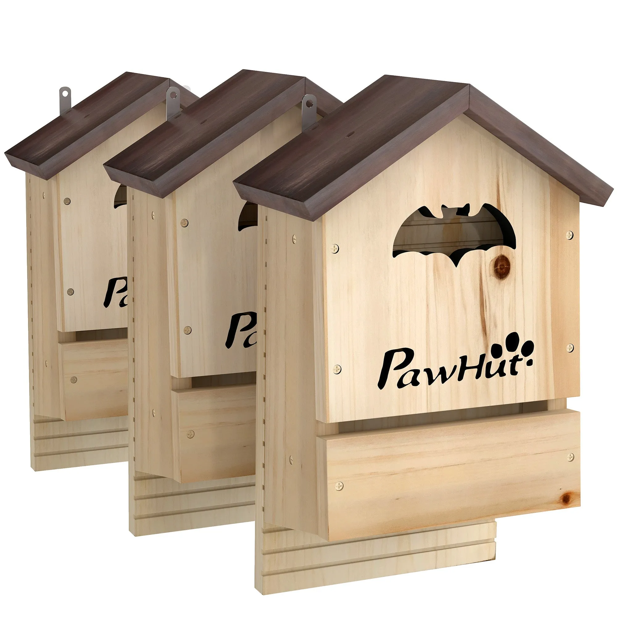 PawHut Set of 3 Fir Wood Bat Houses, 21.5x11.5x34 cm, Natural Wood