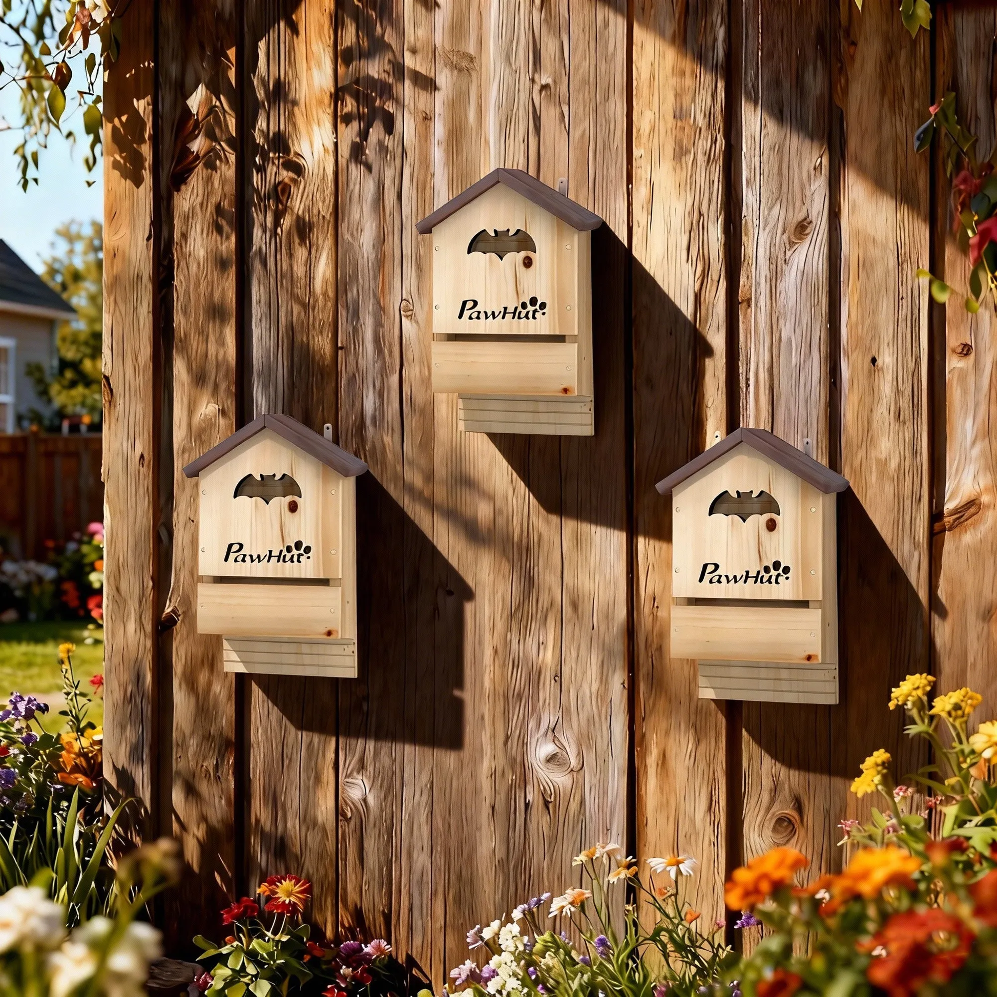 PawHut Set of 3 Fir Wood Bat Houses, 21.5x11.5x34 cm, Natural Wood - Image 2