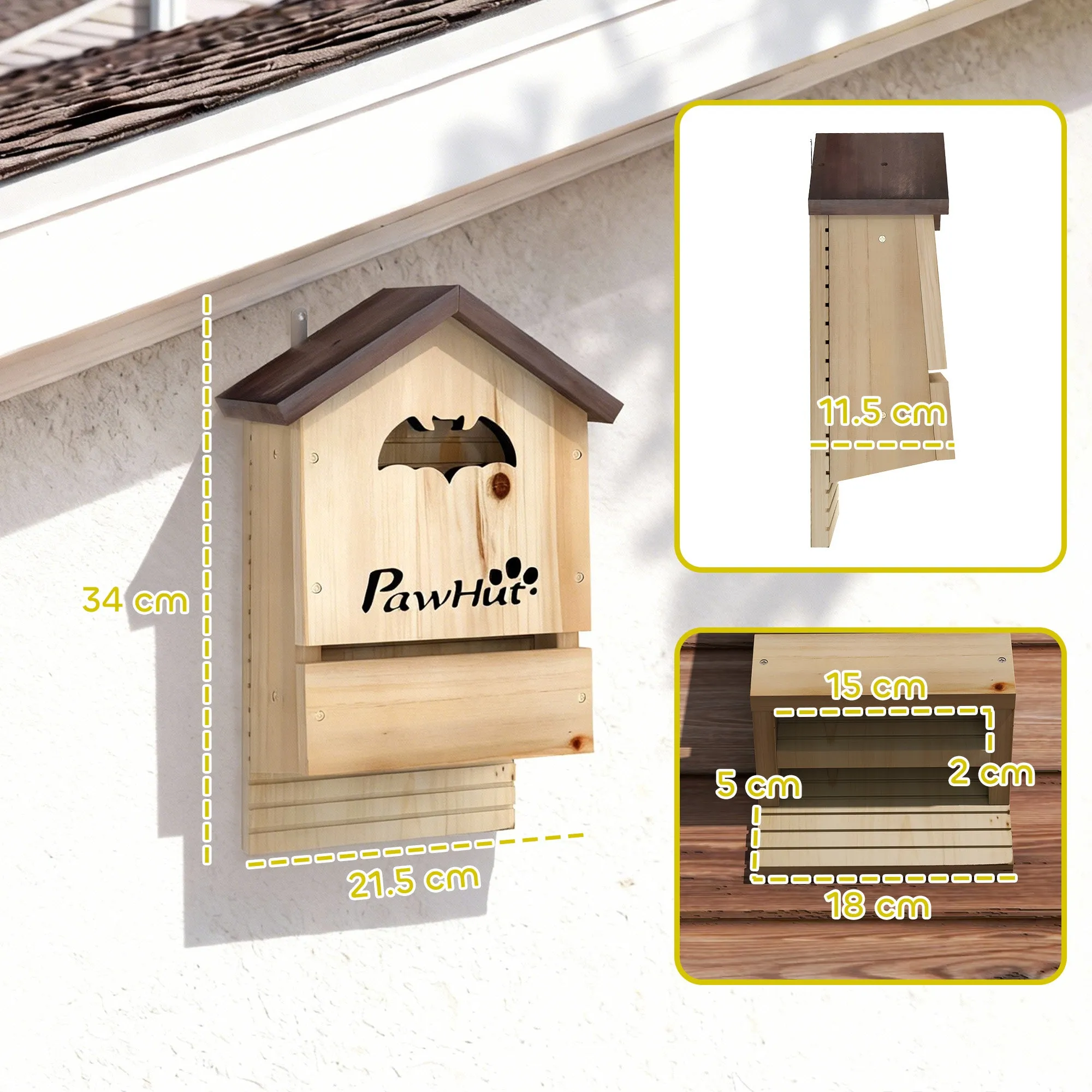 PawHut Set of 3 Fir Wood Bat Houses, 21.5x11.5x34 cm, Natural Wood - Image 3