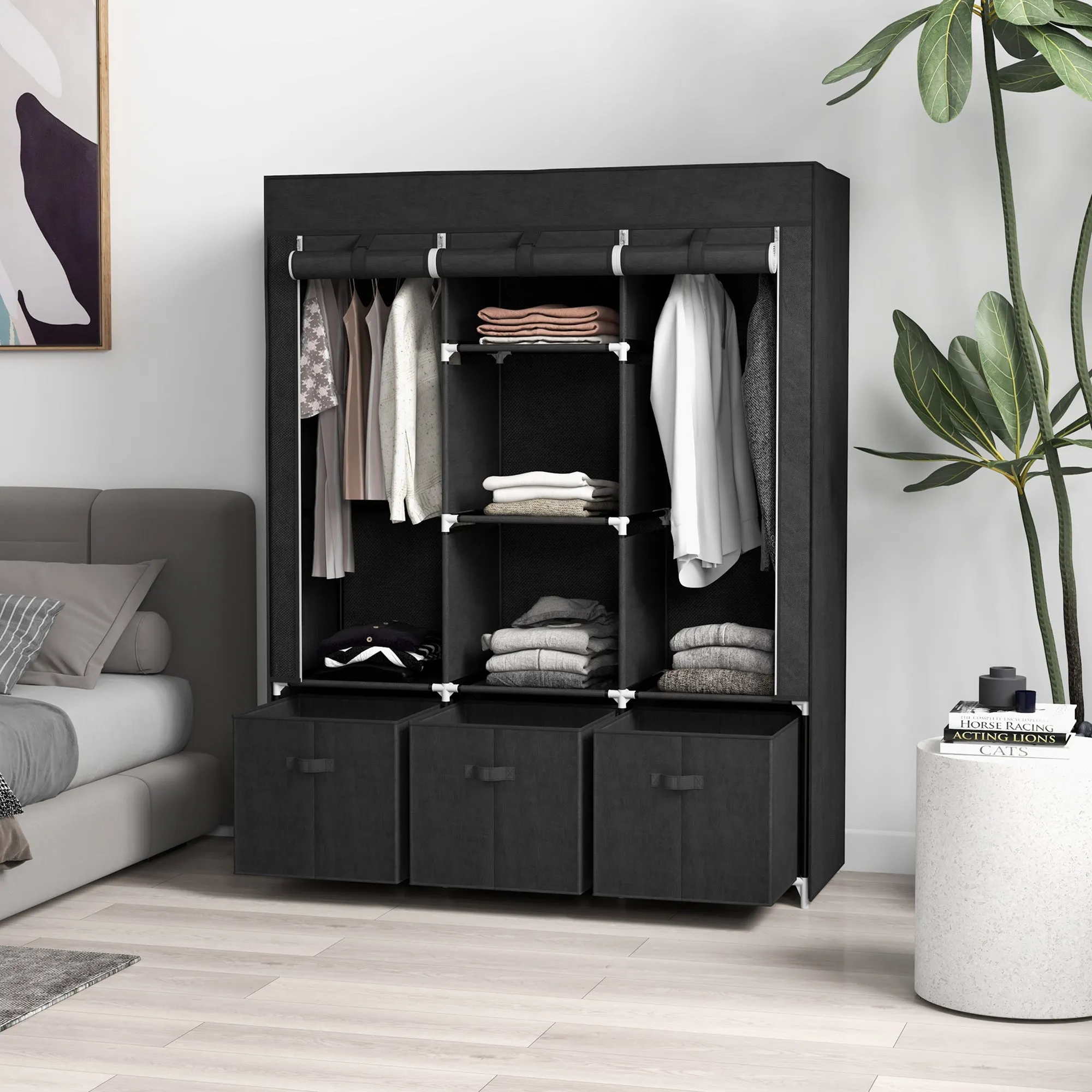 HOMCOM Fabric Wardrobe Space-Saving Folding Closet 125x43x162.5cm Black - Image 2