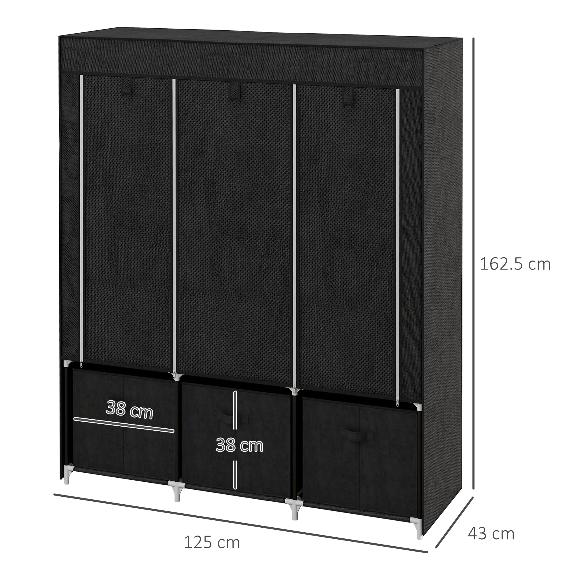 HOMCOM Fabric Wardrobe Space-Saving Folding Closet 125x43x162.5cm Black - Image 3