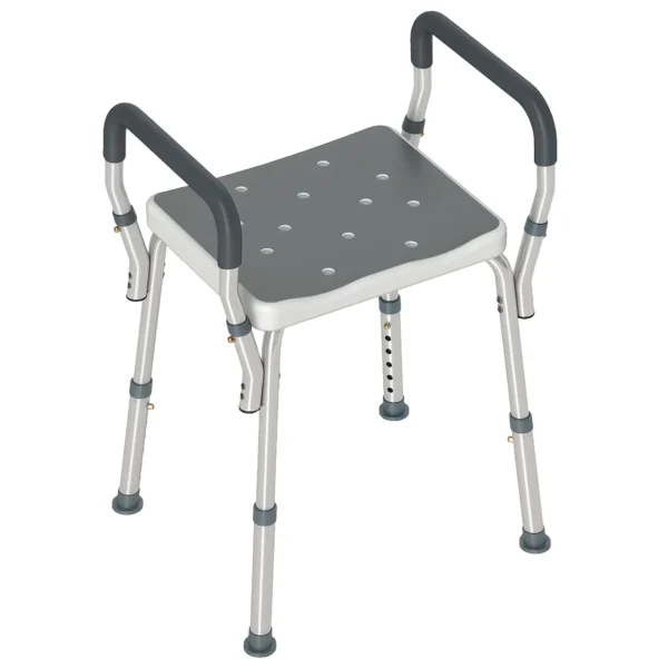 HOMCOM Adjustable Shower Stool with Armrests and Drainage Holes in Aluminum, 52x45x57-69 cm, Gray