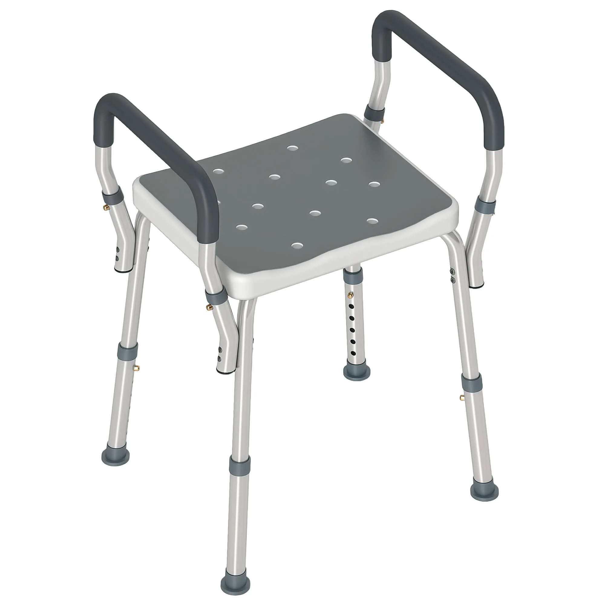 HOMCOM Adjustable Shower Stool with Armrests and Drainage Holes in Aluminum, 52x45x57-69 cm, Gray