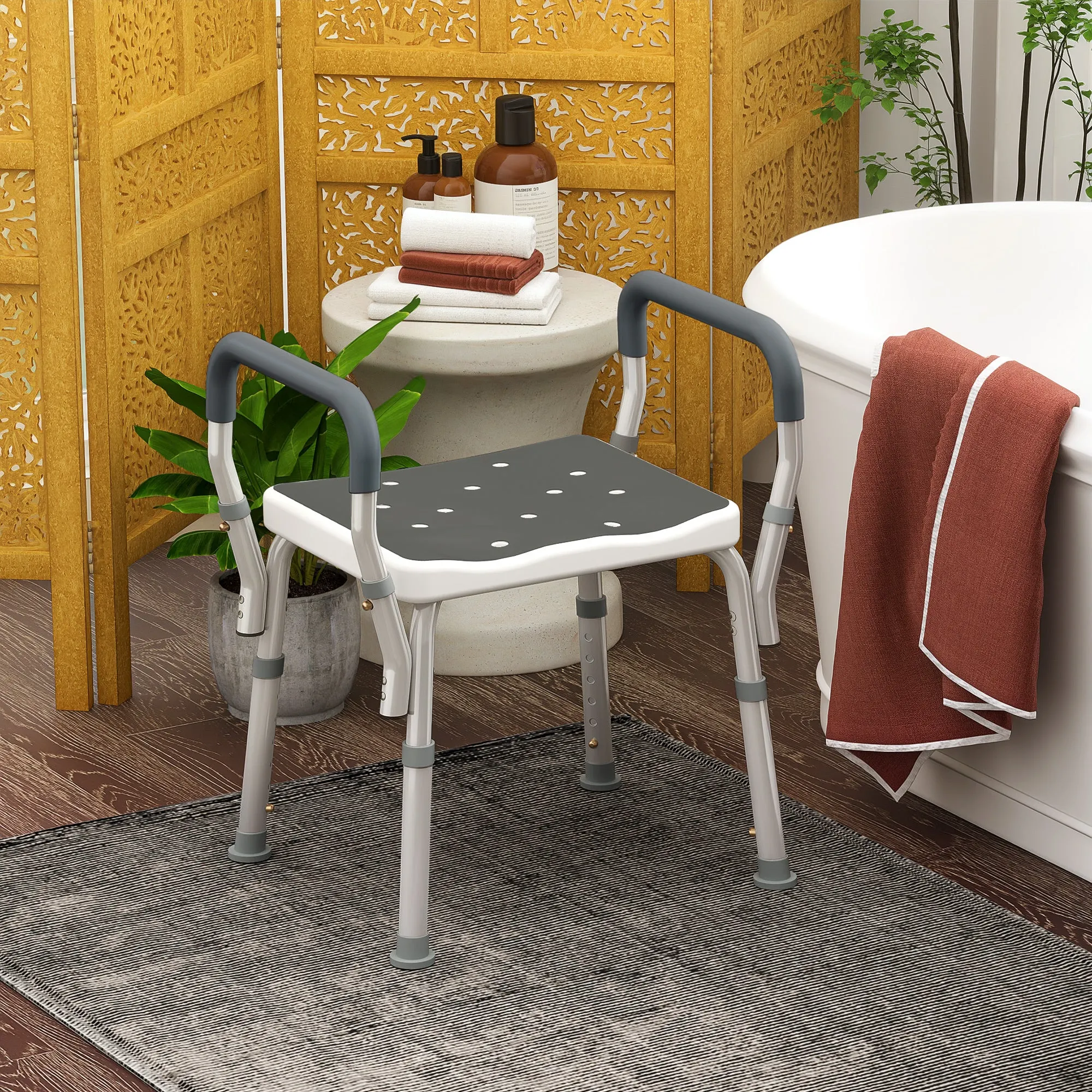 HOMCOM Adjustable Shower Stool with Armrests and Drainage Holes in Aluminum, 52x45x57-69 cm, Gray - Image 3