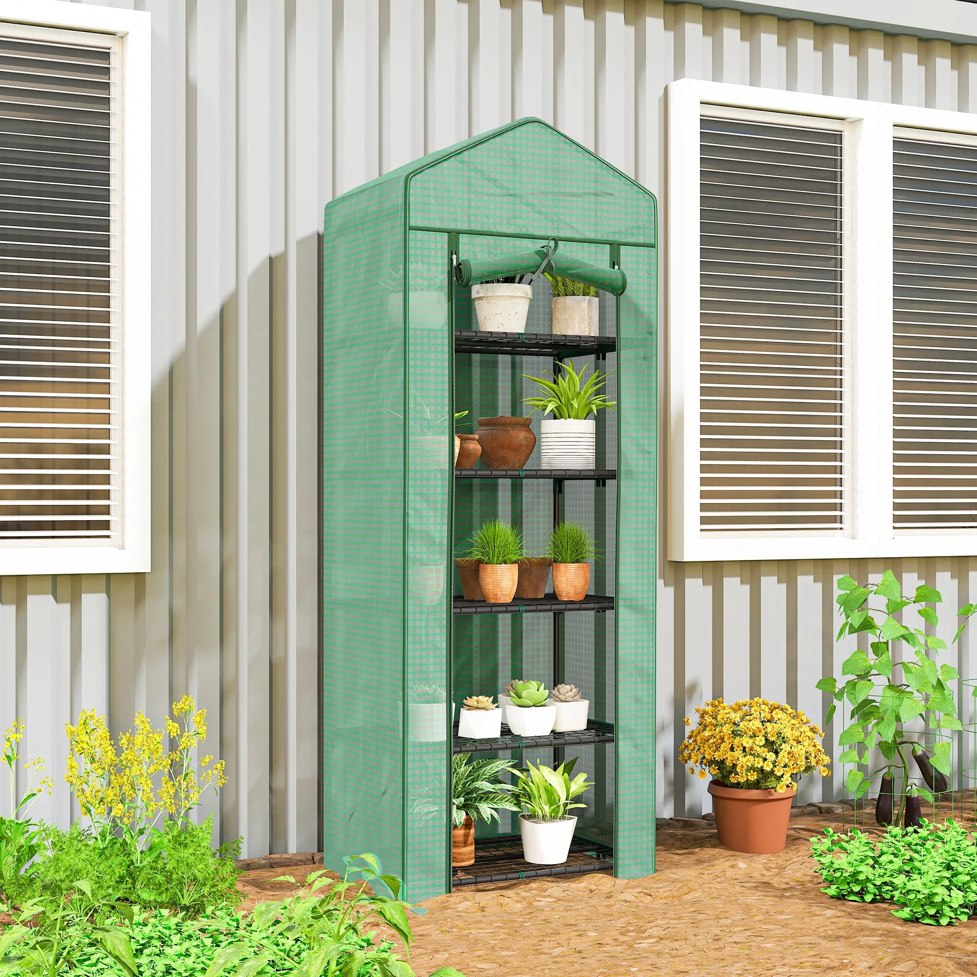Outsunny 5-Tier Greenhouse with Zip Door, Steel and PE, 69x49x193 cm, Green - Image 2