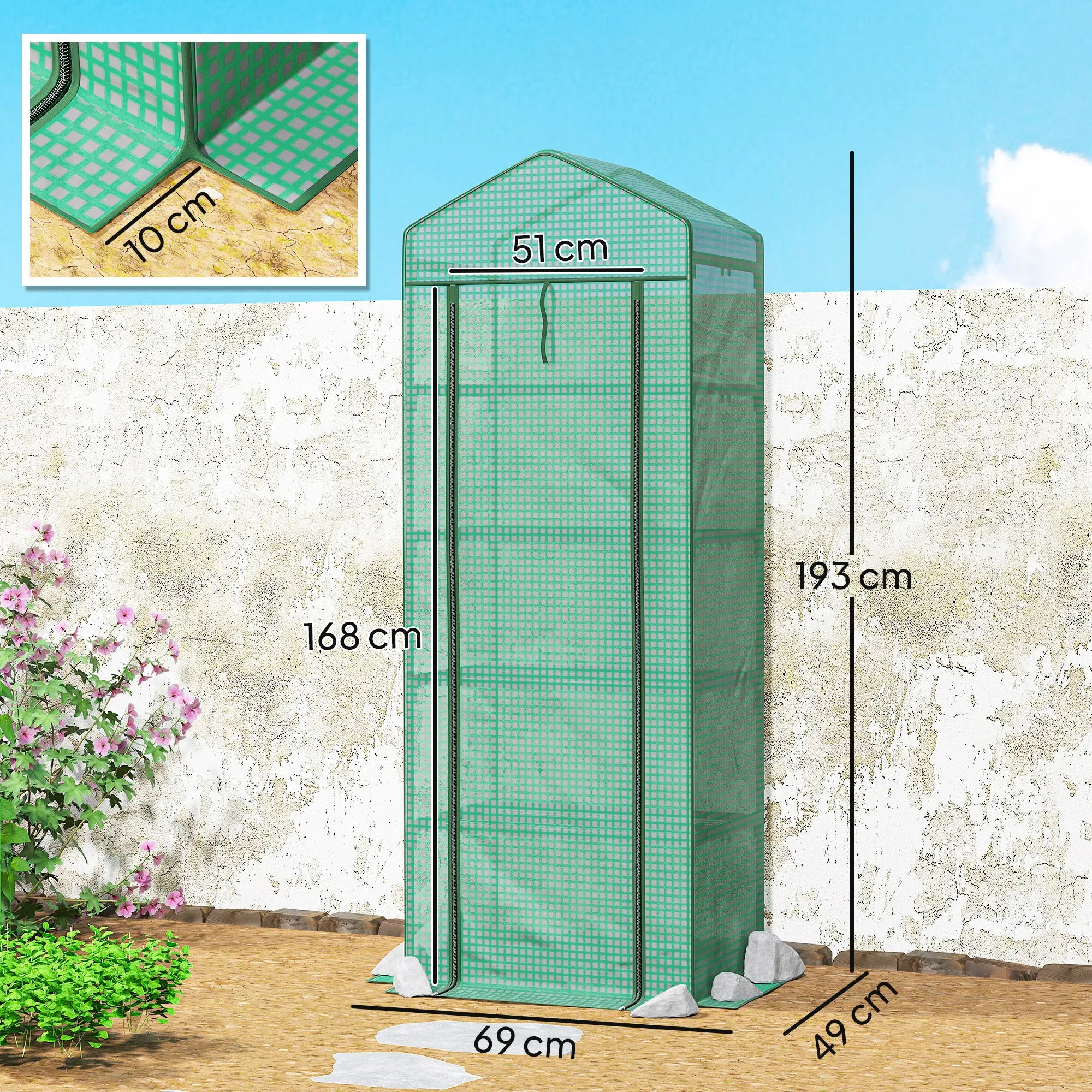 Outsunny 5-Tier Greenhouse with Zip Door, Steel and PE, 69x49x193 cm, Green - Image 3