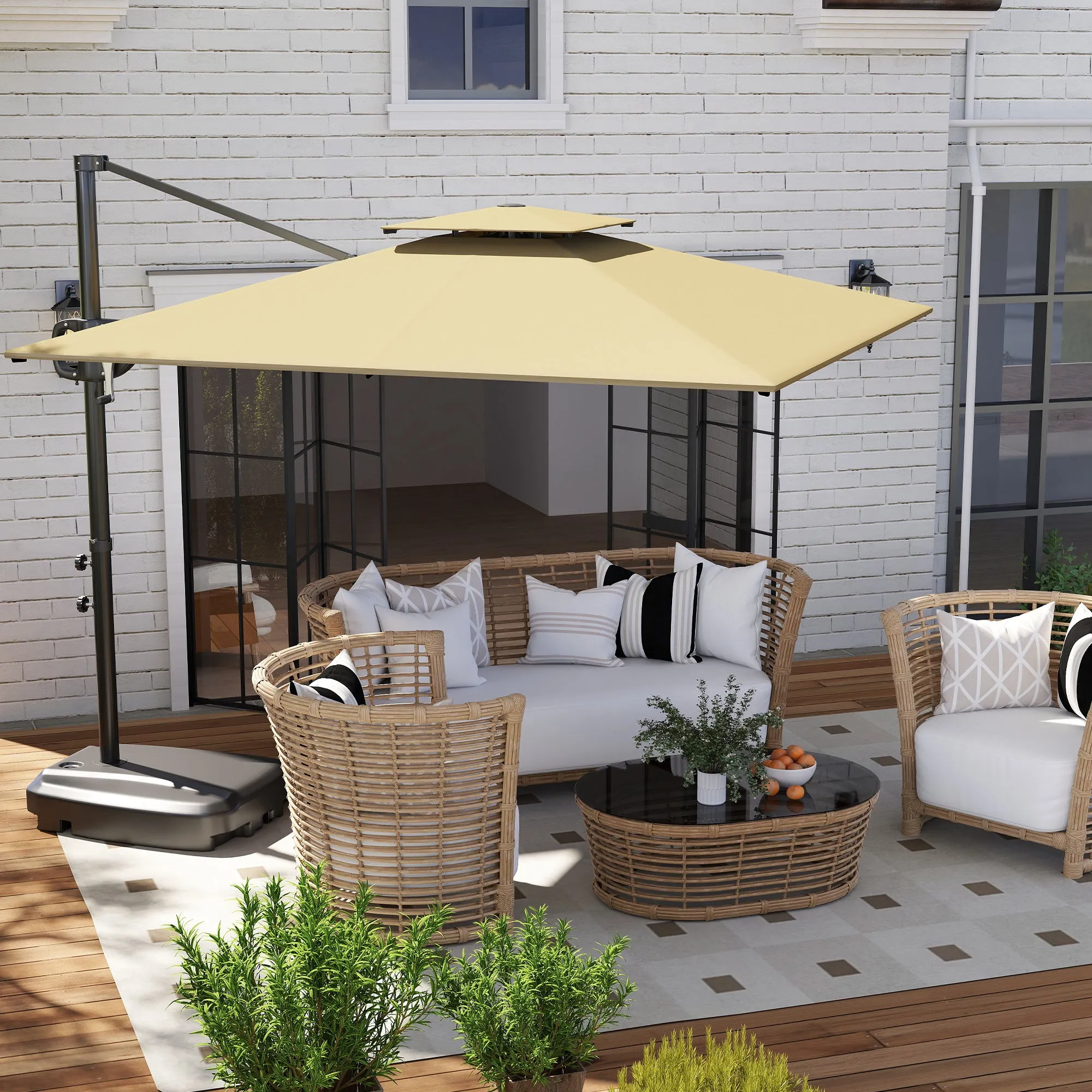 Outsunny 2.5x2.5m Cantilever Umbrella with Fillable Base, Crank Handle and Tilting Head, Khaki - Image 2