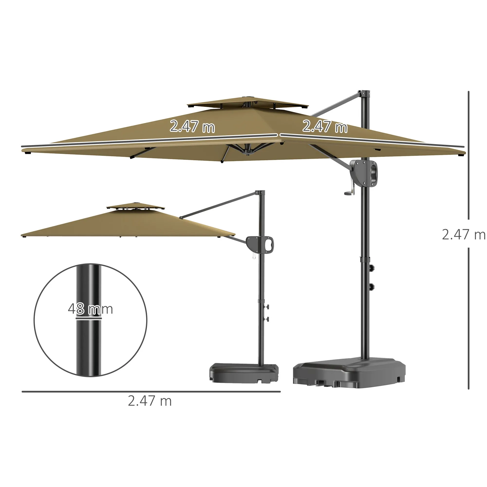 Outsunny 2.5x2.5m Cantilever Umbrella with Fillable Base, Crank Handle and Tilting Head, Khaki - Image 3