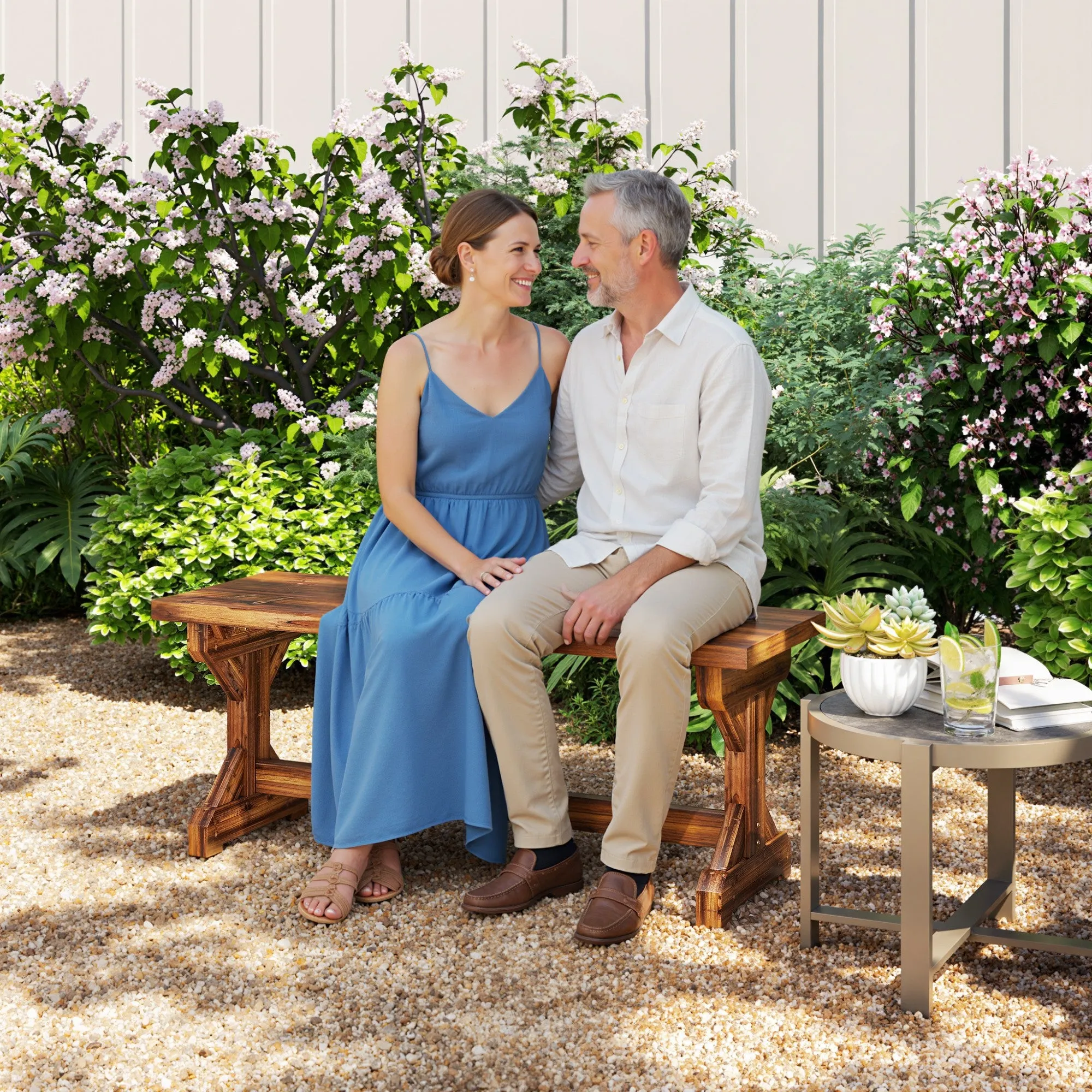 Outsunny 2-Seater Garden Bench in Fir Wood without Backrest in Rustic Style, 114Wx40Dx46H cm - Image 2