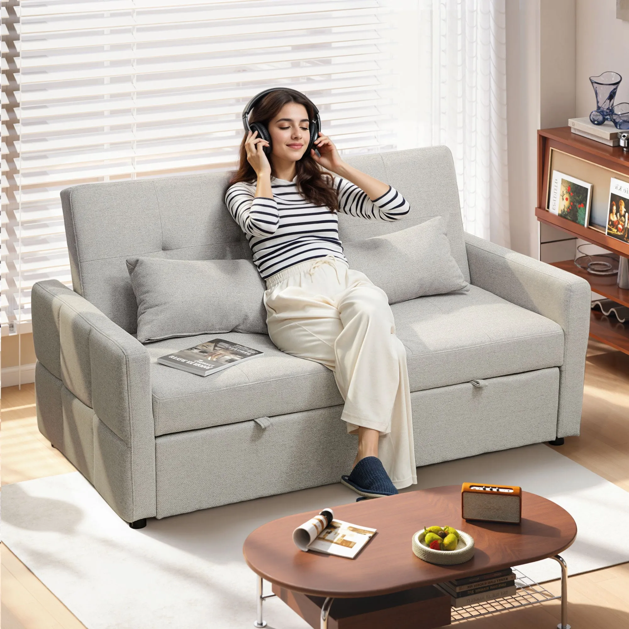 HOMCOM 2-Seater Sofa Bed with 2 Fabric Cushions, Light Brown - Image 2
