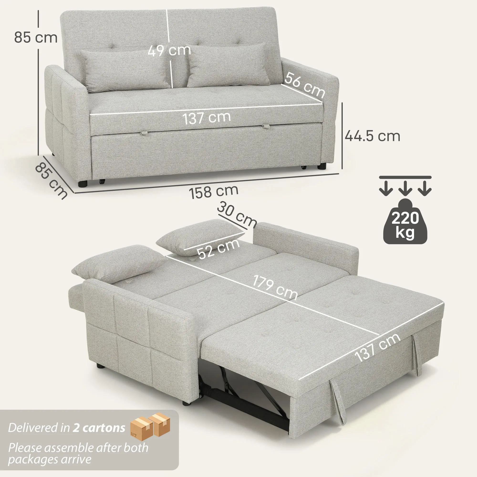 HOMCOM 2-Seater Sofa Bed with 2 Fabric Cushions, Light Brown - Image 3