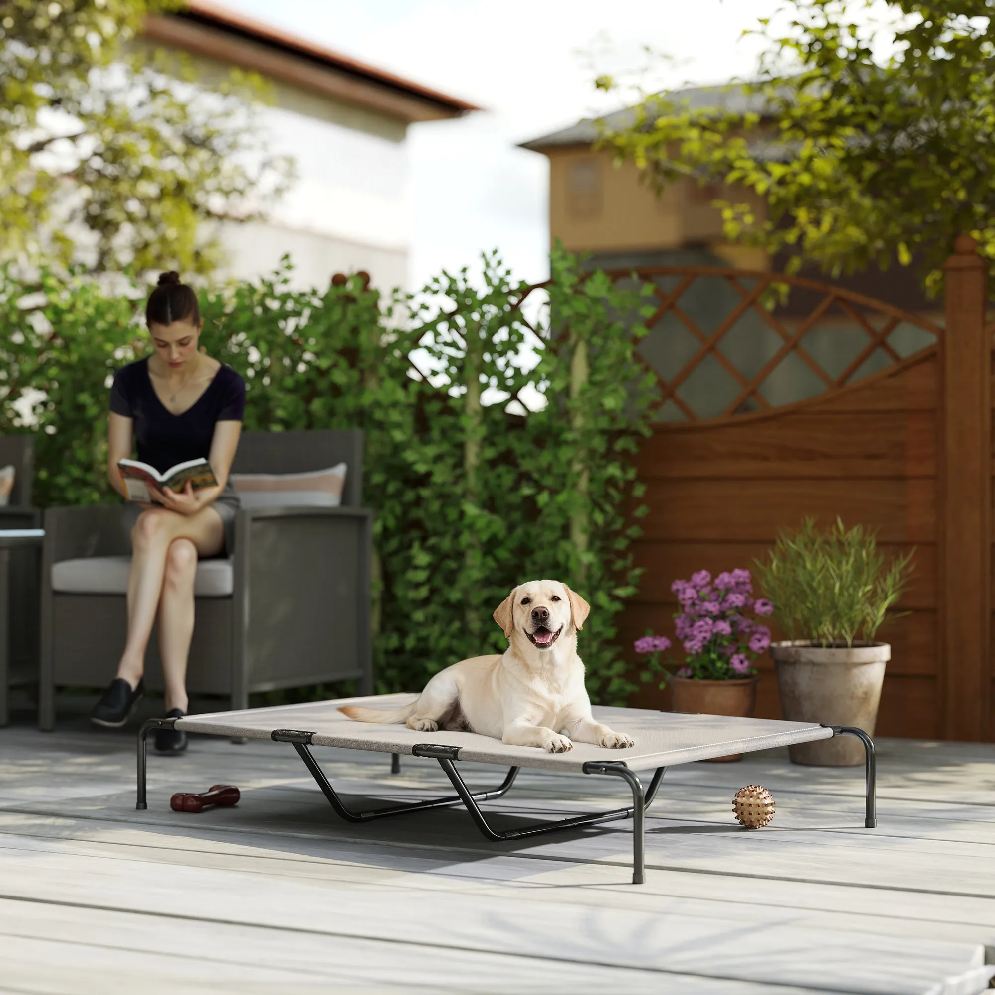 PawHut Raised Outdoor Dog Bed for Large Dogs, Made of Steel and Breathable Mesh, 152 x 94 x 23 cm, Beige - Image 2