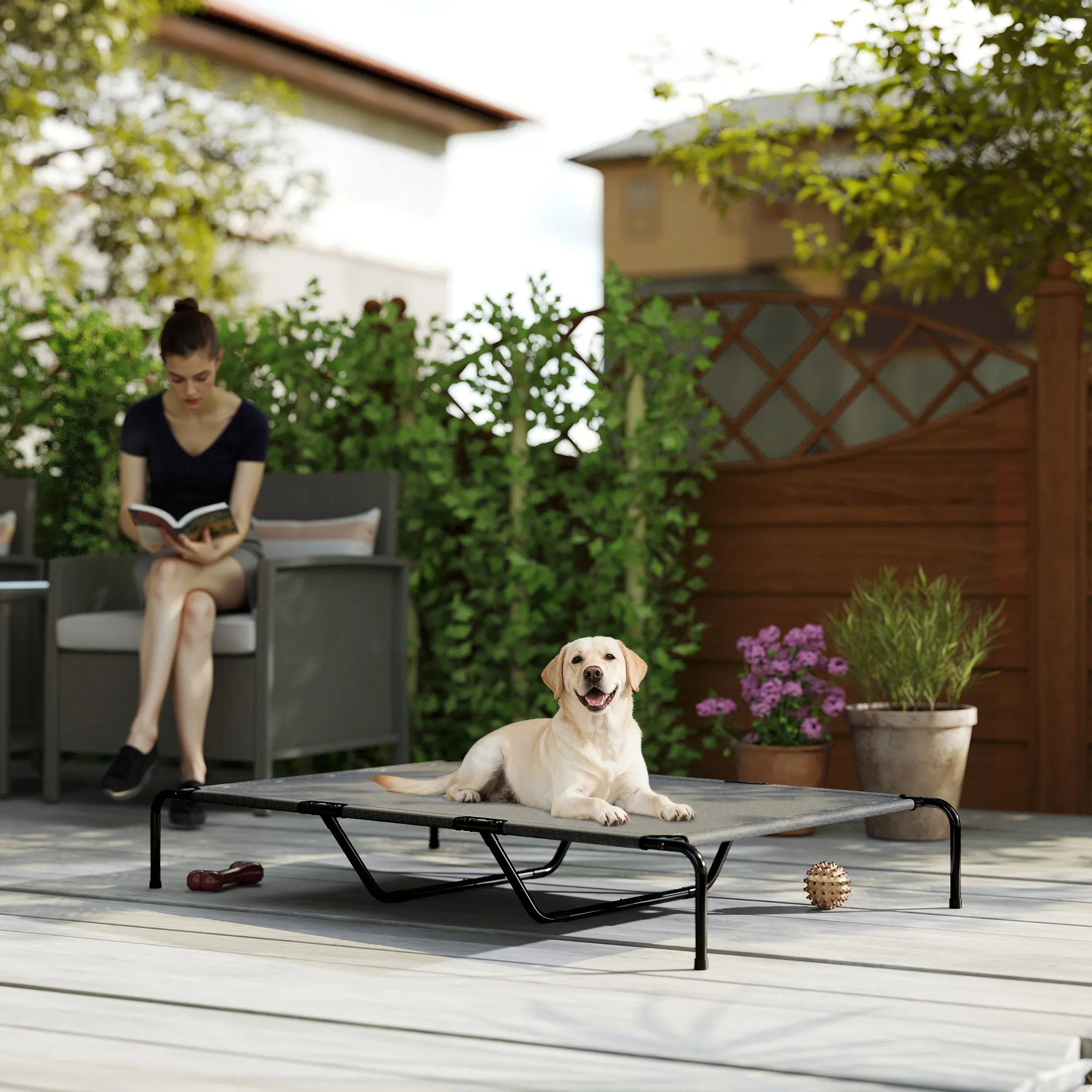 PawHut Raised Outdoor Dog Bed for Large Dogs, Made of Steel and Breathable Mesh, 152 x 94 x 23 cm, Grey - Image 2