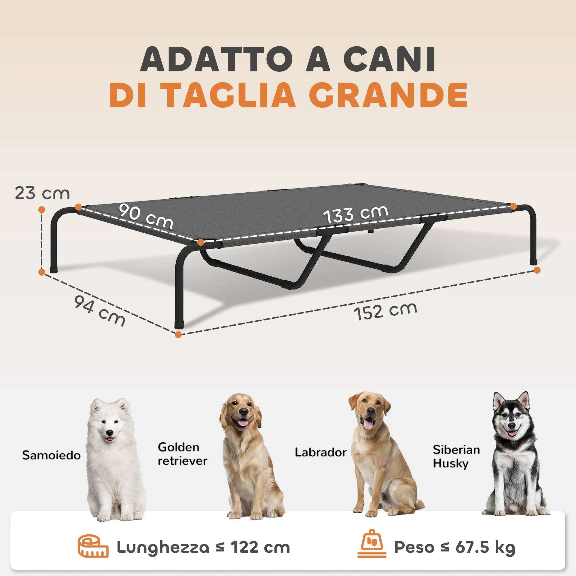 PawHut Raised Outdoor Dog Bed for Large Dogs, Made of Steel and Breathable Mesh, 152 x 94 x 23 cm, Grey - Image 3