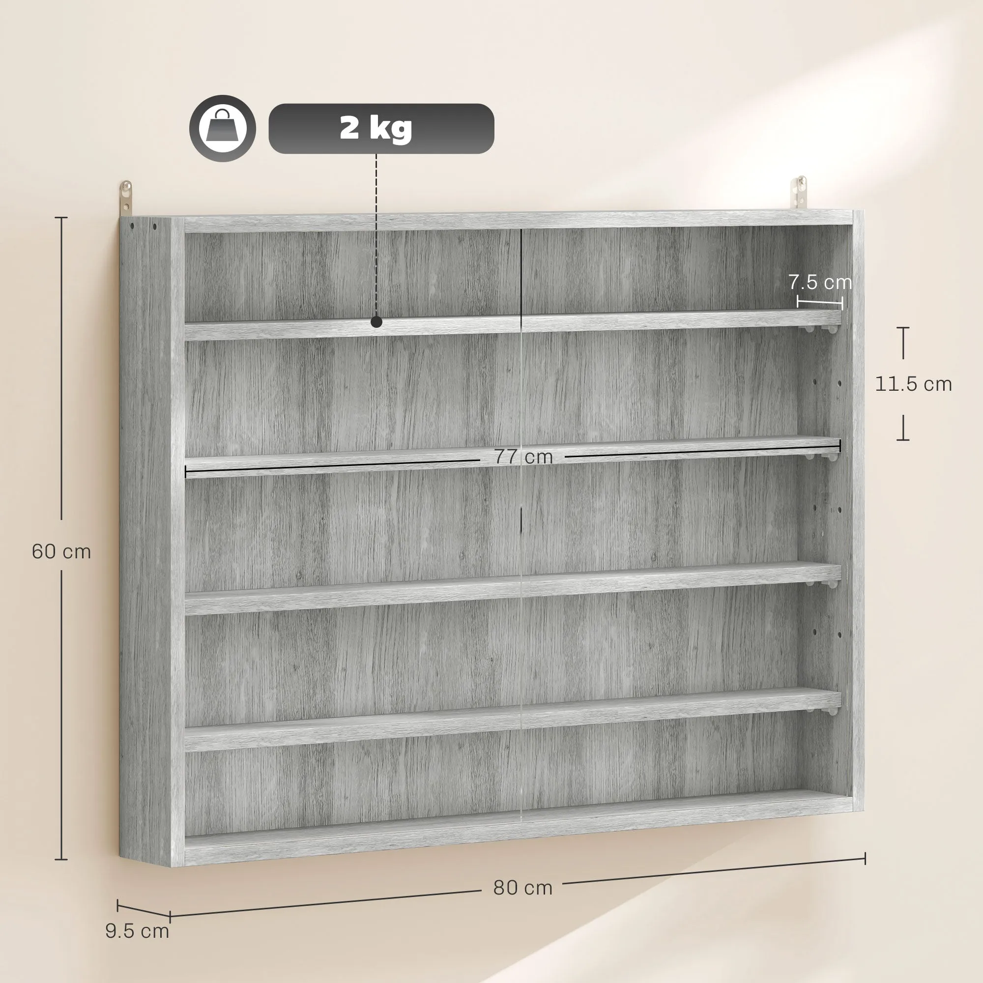 HOMCOM 4-Tier Adjustable Wooden Collectibles Display Cabinet with Glass Doors, 80x9.5x60 cm, Grey - Image 3