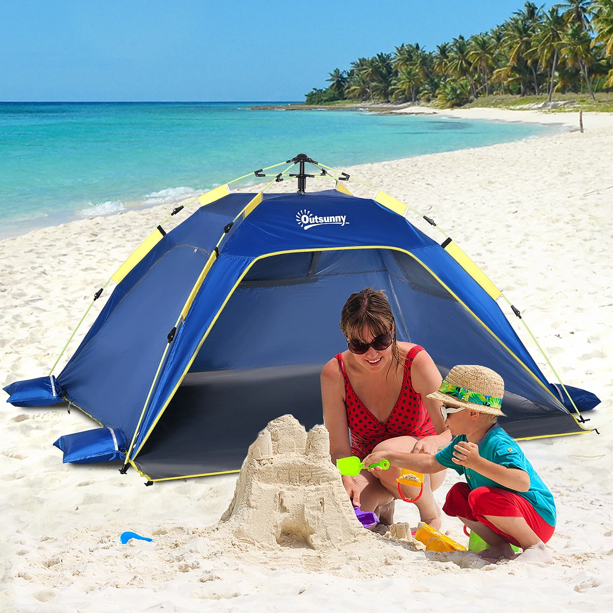 Outsunny Pop Up Beach Tent for 2 People with Windows, Fiberglass and Polyester, 220x173x120 cm, Blue and Yellow - Image 2