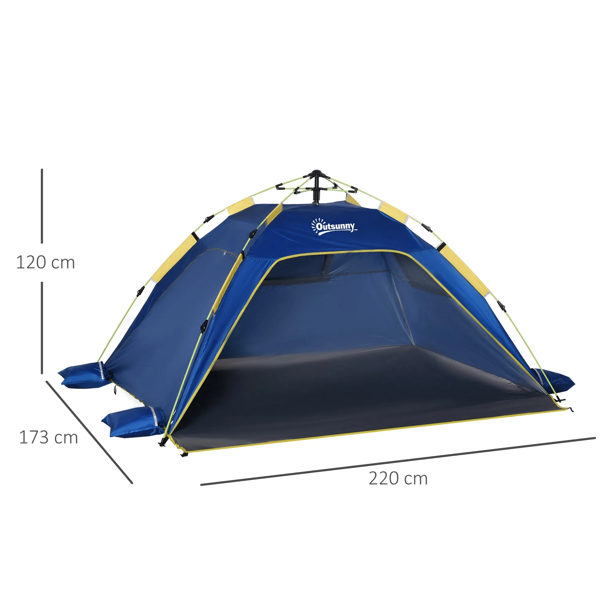 Outsunny Pop Up Beach Tent for 2 People with Windows, Fiberglass and Polyester, 220x173x120 cm, Blue and Yellow - Image 3