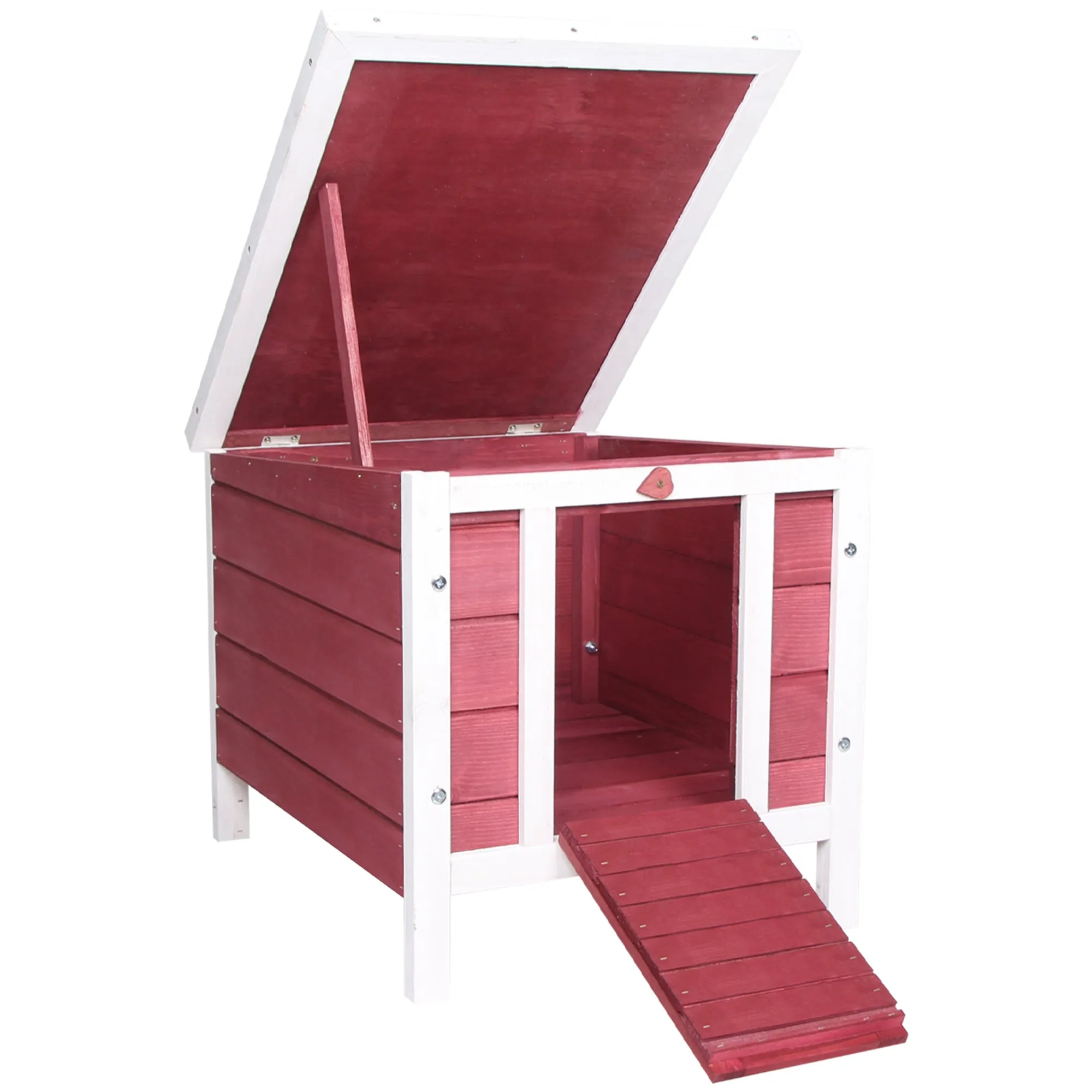 PawHut Wooden Rabbit Hutch with Opening Asphalt Roof, Non-Slip Ramp, 51x42x43 cm, Red