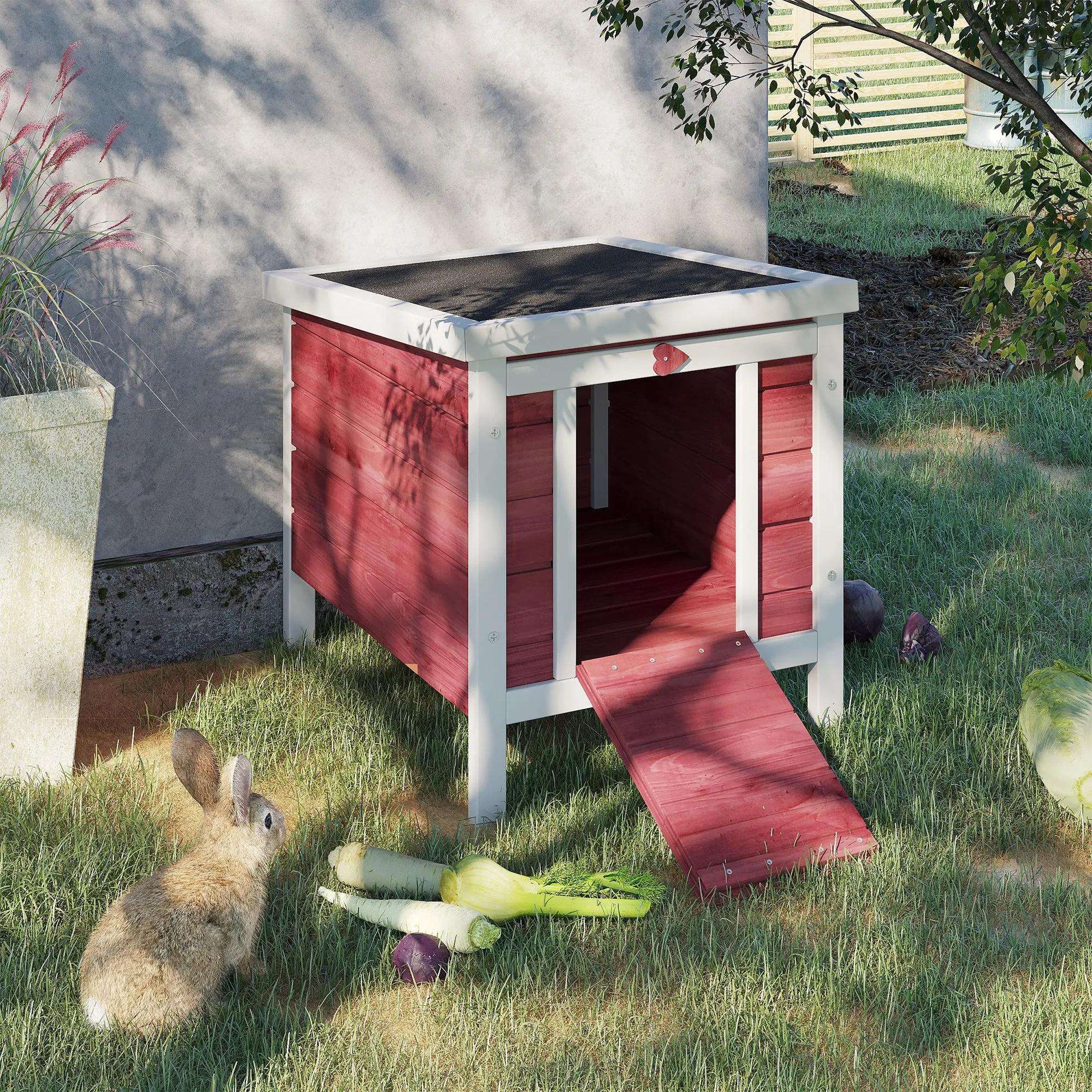 PawHut Wooden Rabbit Hutch with Opening Asphalt Roof, Non-Slip Ramp, 51x42x43 cm, Red - Image 2