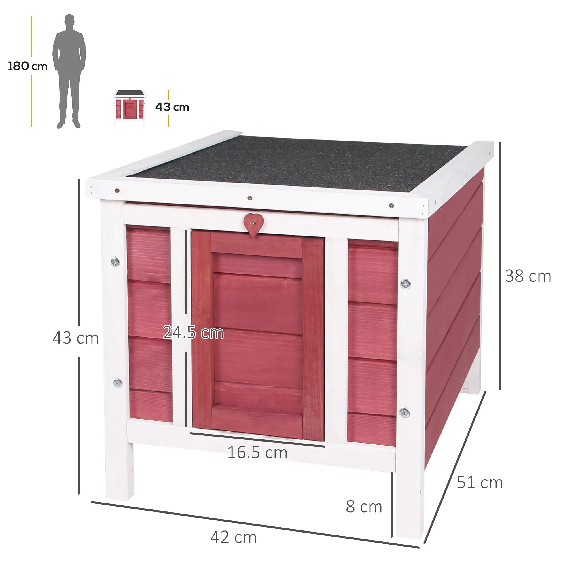 PawHut Wooden Rabbit Hutch with Opening Asphalt Roof, Non-Slip Ramp, 51x42x43 cm, Red - Image 3