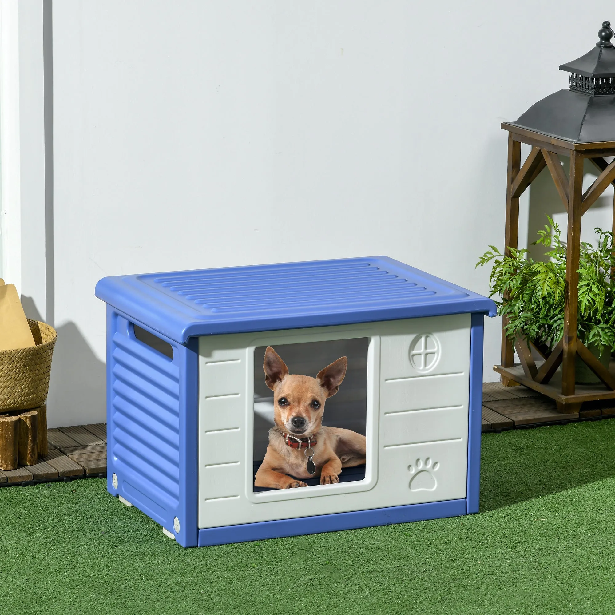 PawHut Outdoor Dog Kennel for Small Dogs in PE with Entrance and 2 Side Air Vents, 60x42x40 cm, Blue and White - Image 2