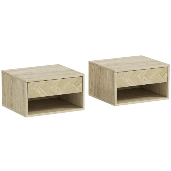 HOMCOM Set of 2 Modern Floating Bedside Tables with Drawer and Open Compartment, 37x32x21 cm, Natural Wood