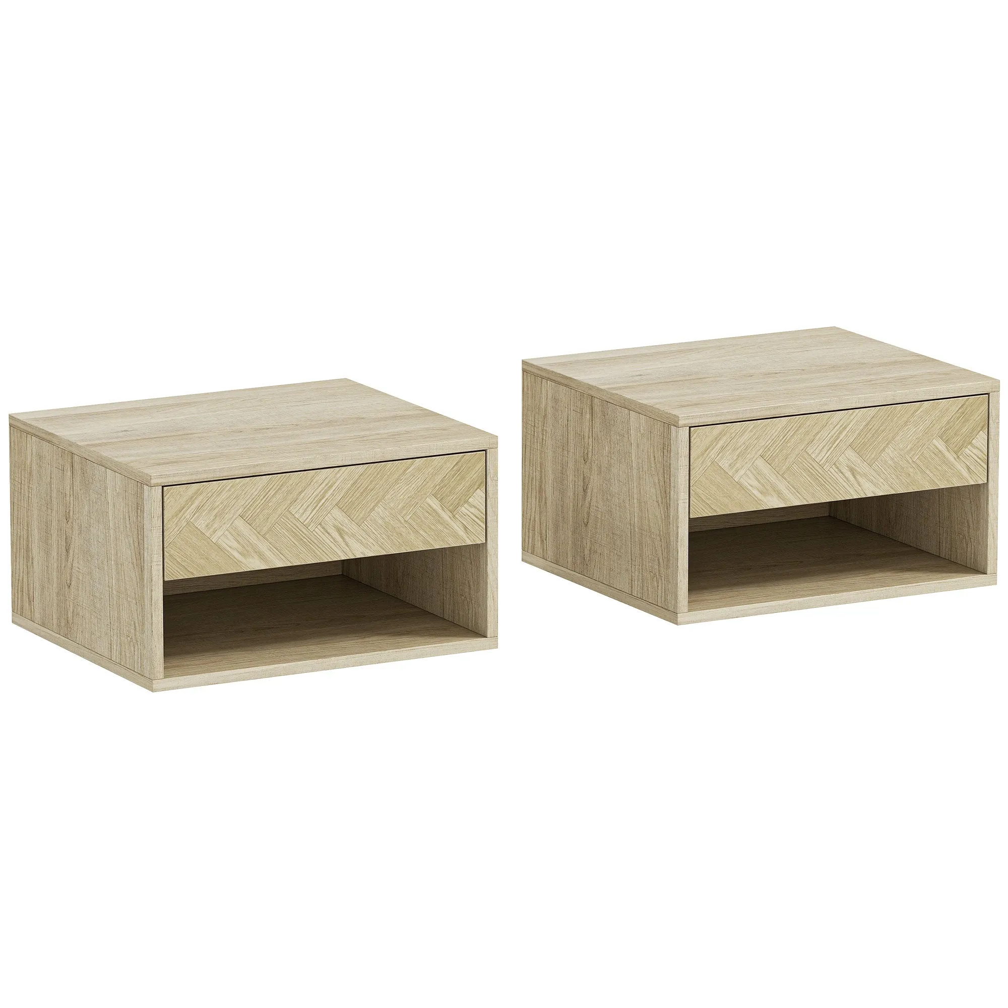 HOMCOM Set of 2 Modern Floating Bedside Tables with Drawer and Open Compartment, 37x32x21 cm, Natural Wood