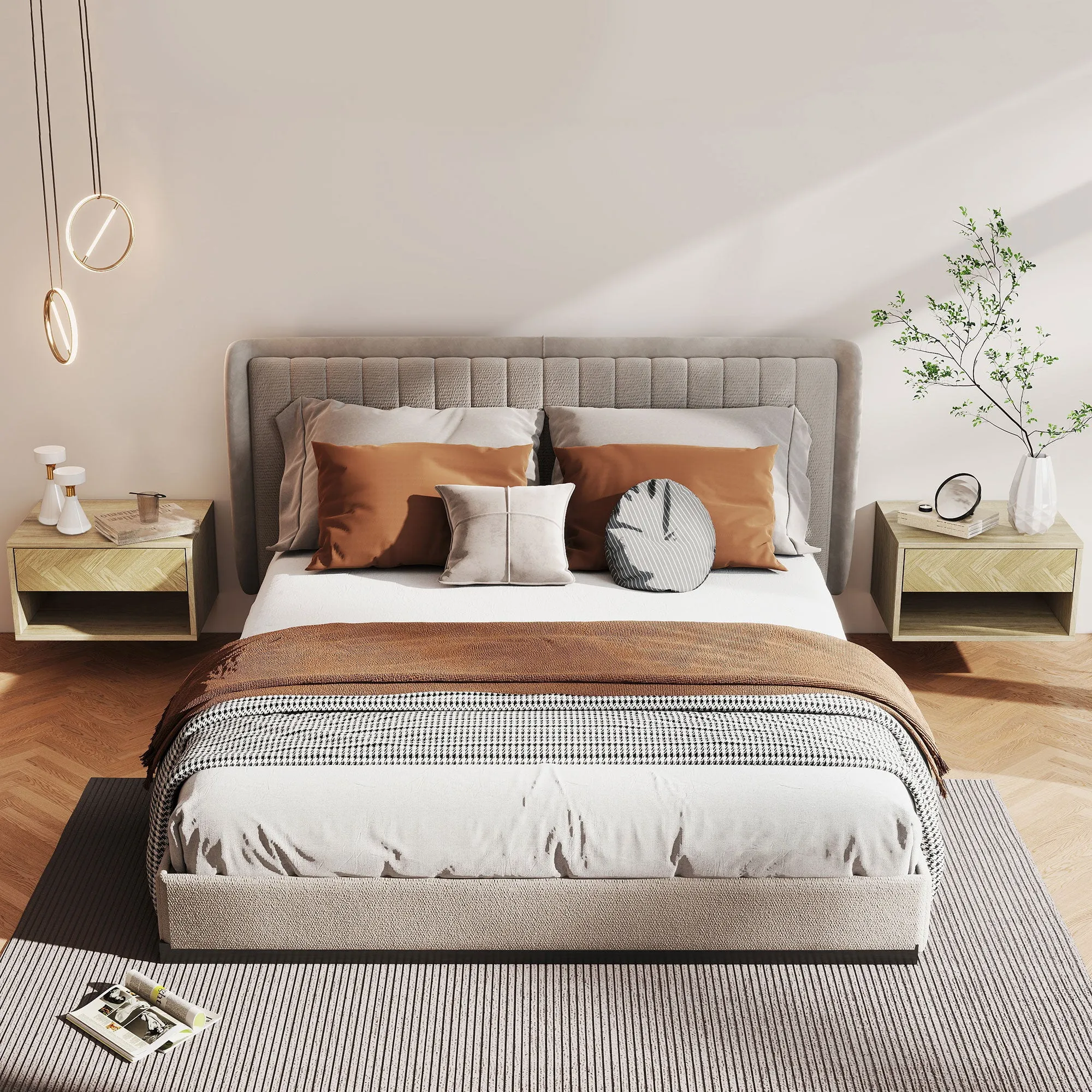 HOMCOM Set of 2 Modern Floating Bedside Tables with Drawer and Open Compartment, 37x32x21 cm, Natural Wood - Image 2