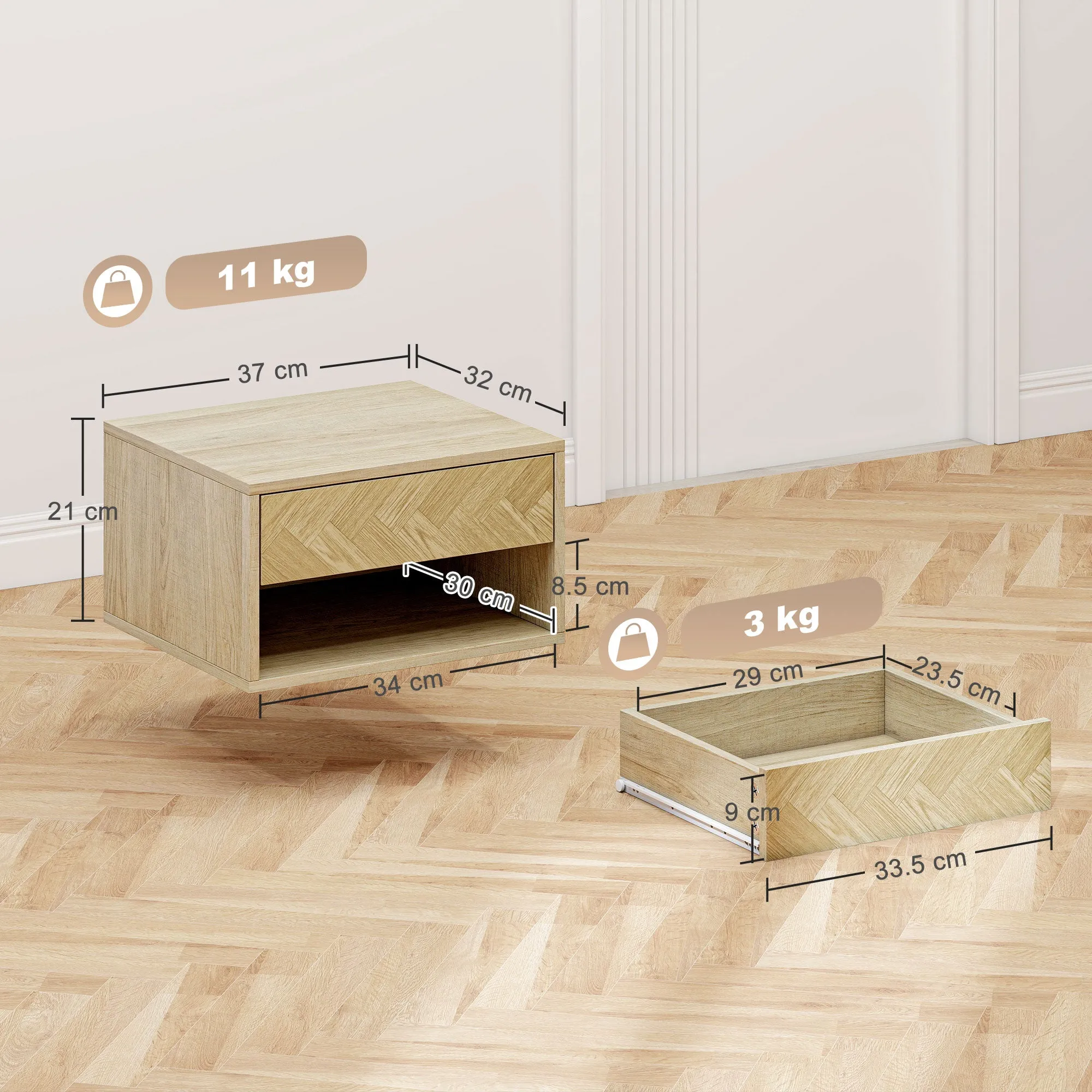 HOMCOM Set of 2 Modern Floating Bedside Tables with Drawer and Open Compartment, 37x32x21 cm, Natural Wood - Image 3