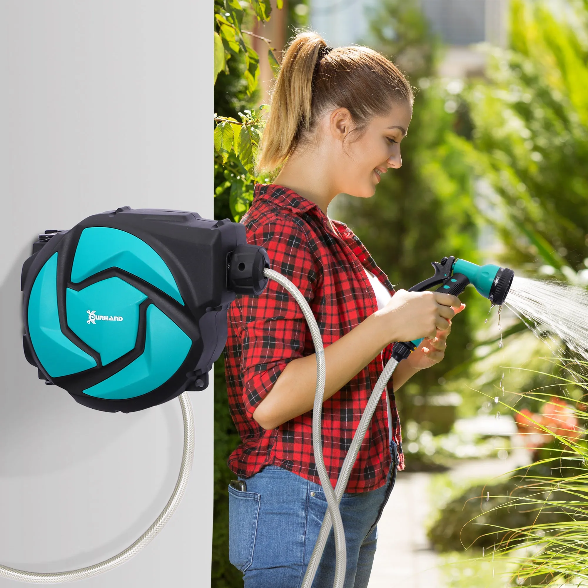 DURHAND Automatic Wall-Mounted Hose Reel with 10m Hose, Made of Plastic and PP, 28x14x34cm, Black and Blue - Image 2