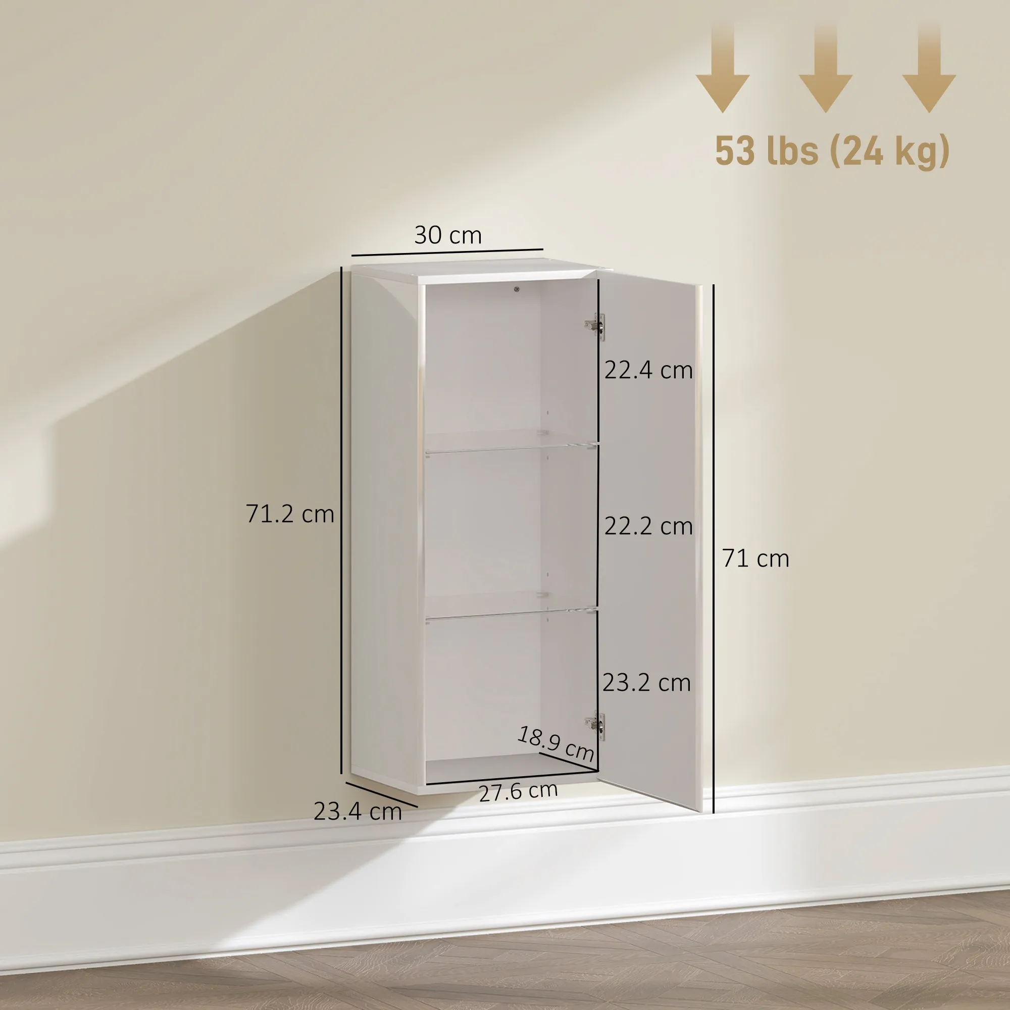 HOMCOM Bathroom Cabinet with 2 Adjustable Glass Shelves and Handleless Door, Gloss White - Image 3