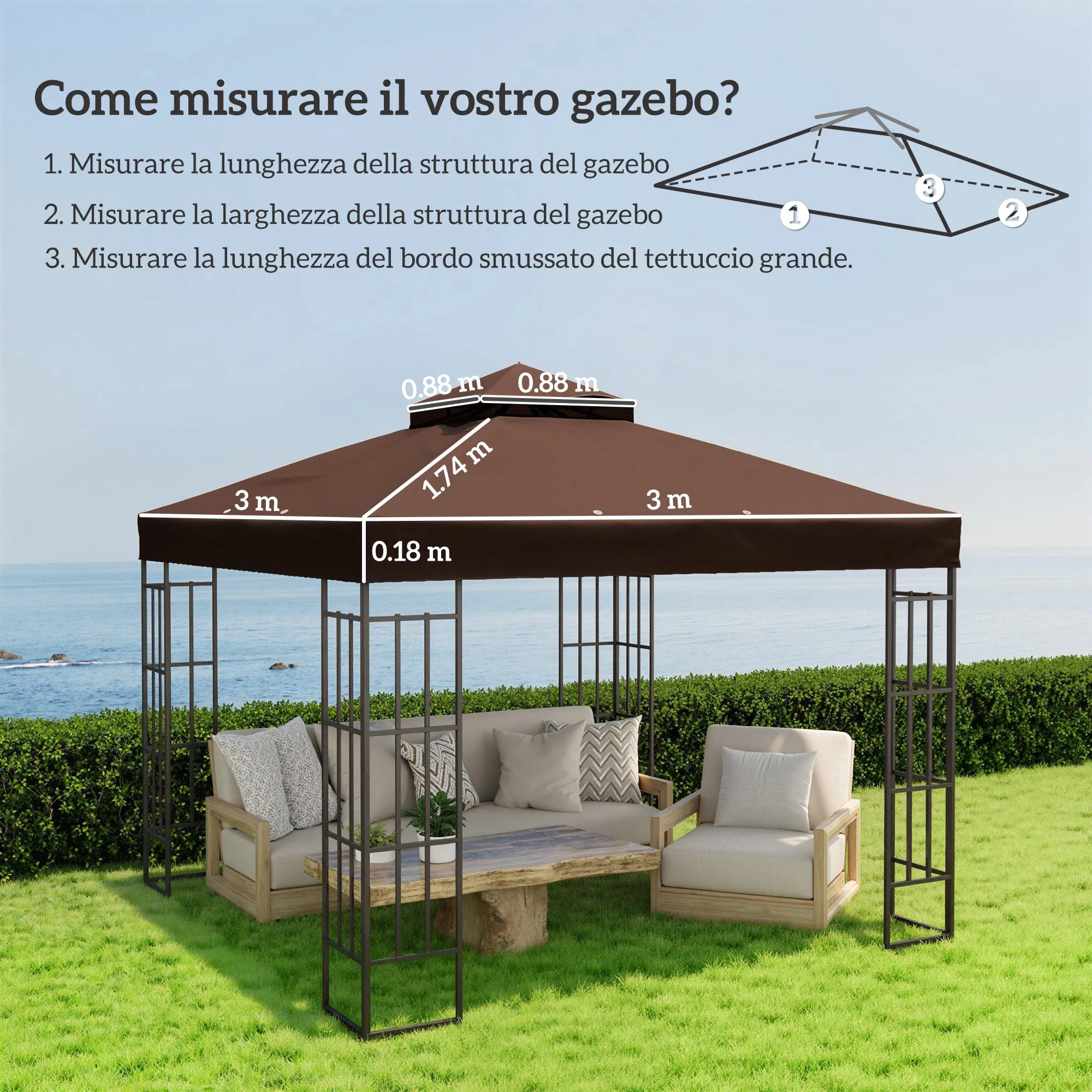 Outsunny 3x3m UPF30+ 2-Tier Coffee Polyester Garden Gazebo Cover - Image 3