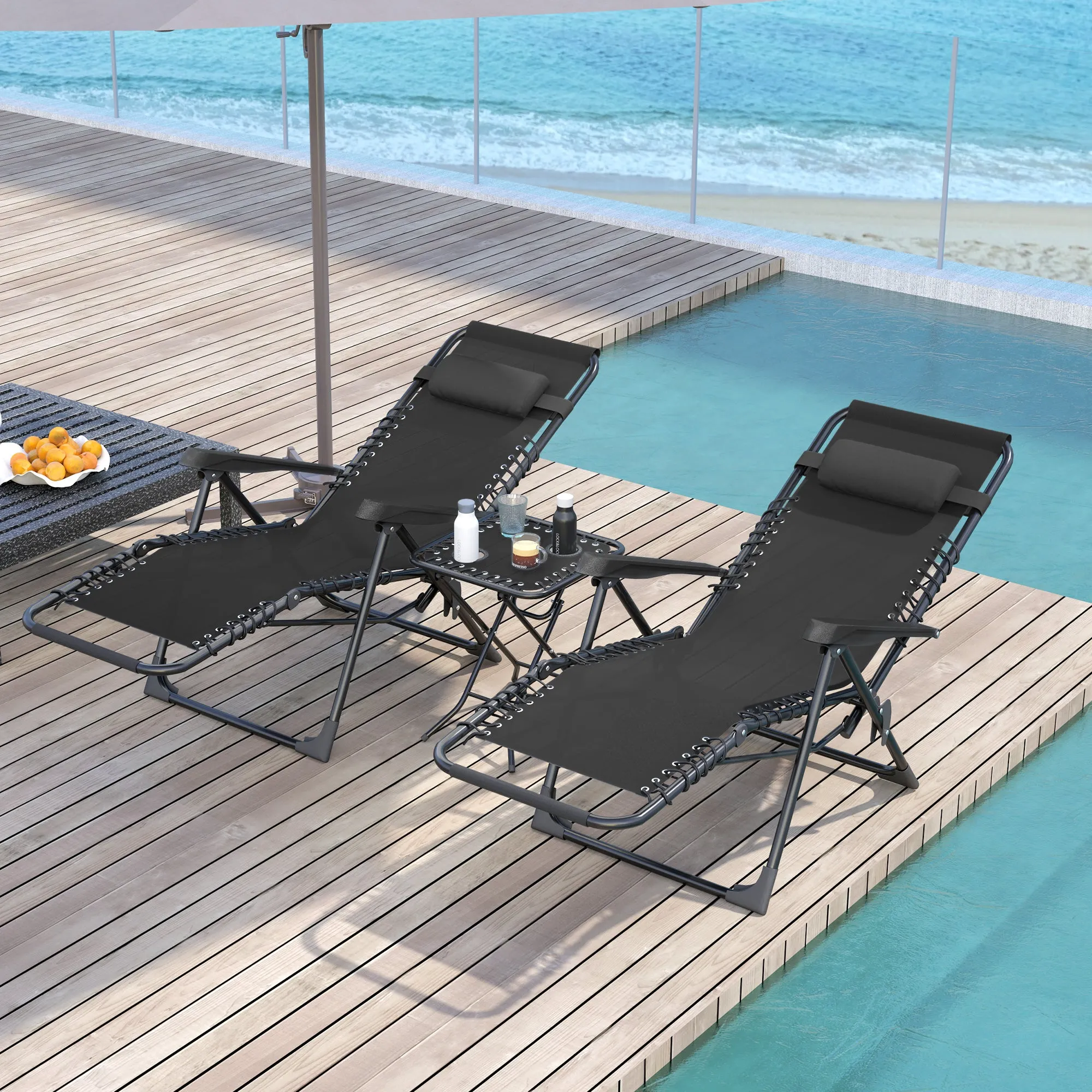 Outsunny Set of 2 Zero Gravity Folding Lounge Chairs with Adjustable Backrest and Table, Black - Image 2