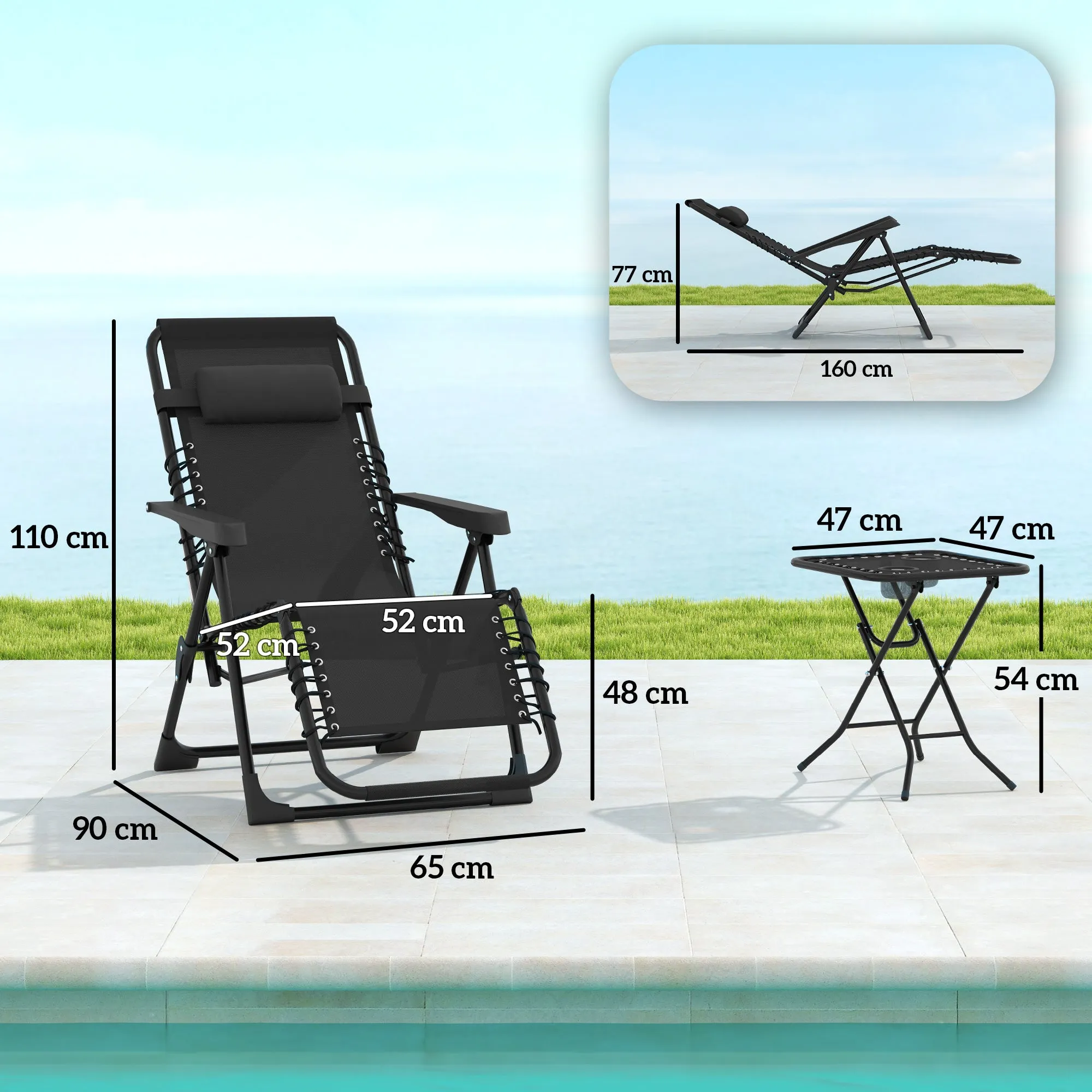 Outsunny Set of 2 Zero Gravity Folding Lounge Chairs with Adjustable Backrest and Table, Black - Image 3
