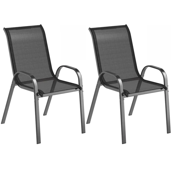 Outsunny Set of 2 Stackable Garden Chairs with Curved Armrests, Steel and Breathable Fabric, 54x71x93 cm, Black