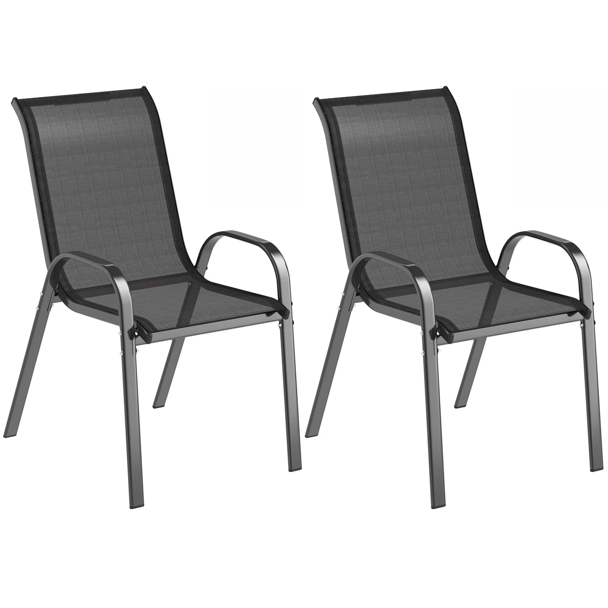 Outsunny Set of 2 Stackable Garden Chairs with Curved Armrests, Steel and Breathable Fabric, 54x71x93 cm, Black