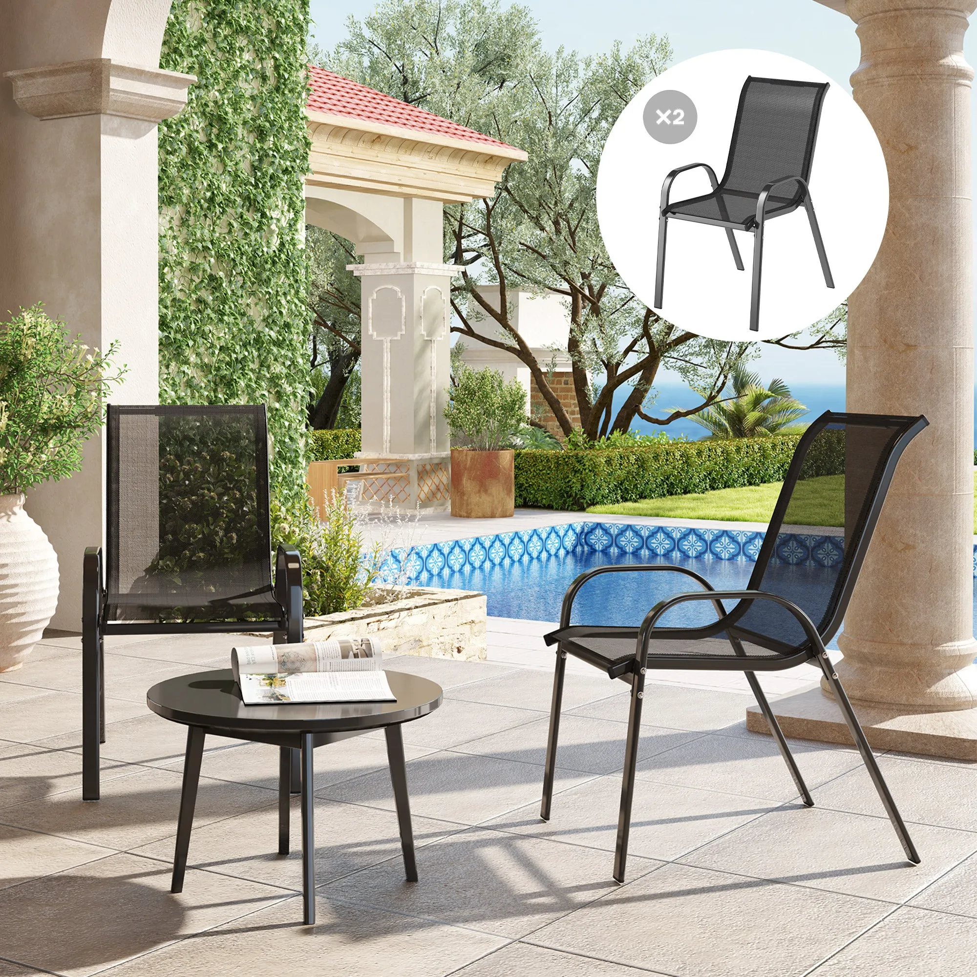 Outsunny Set of 2 Stackable Garden Chairs with Curved Armrests, Steel and Breathable Fabric, 54x71x93 cm, Black - Image 2