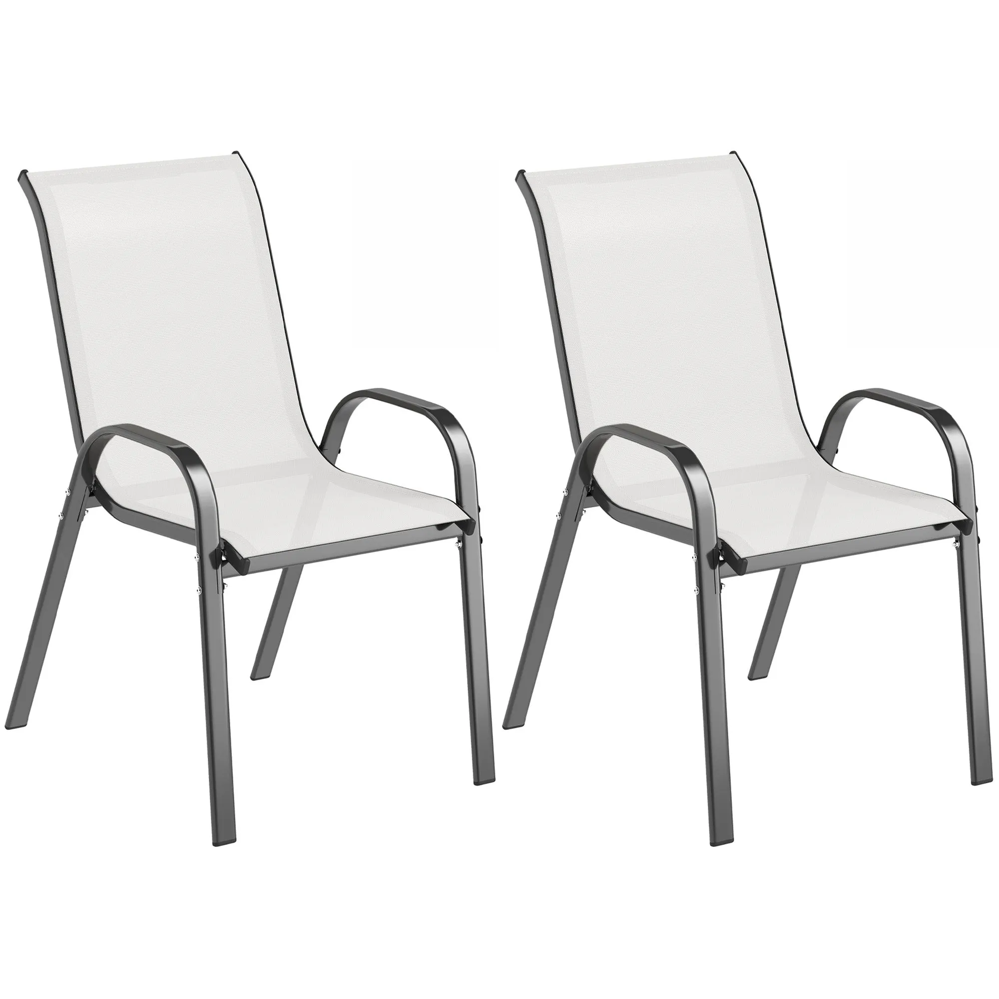 Outsunny Set of 2 Stackable Garden Chairs with Curved Armrests, in Steel and Breathable Fabric, 54x71x93 cm, Light Grey