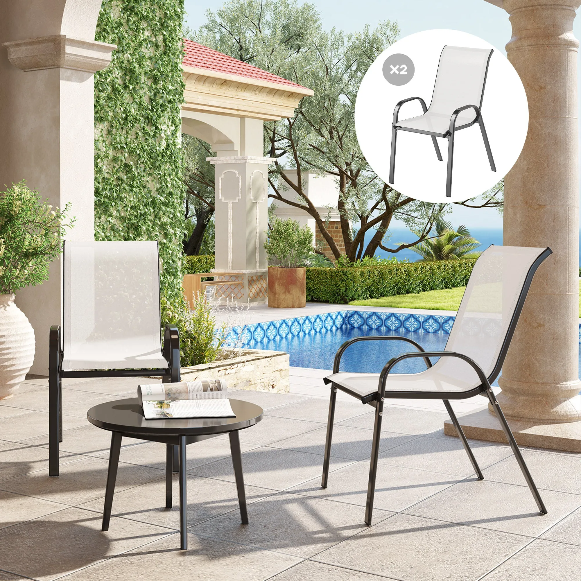 Outsunny Set of 2 Stackable Garden Chairs with Curved Armrests, in Steel and Breathable Fabric, 54x71x93 cm, Light Grey - Image 2