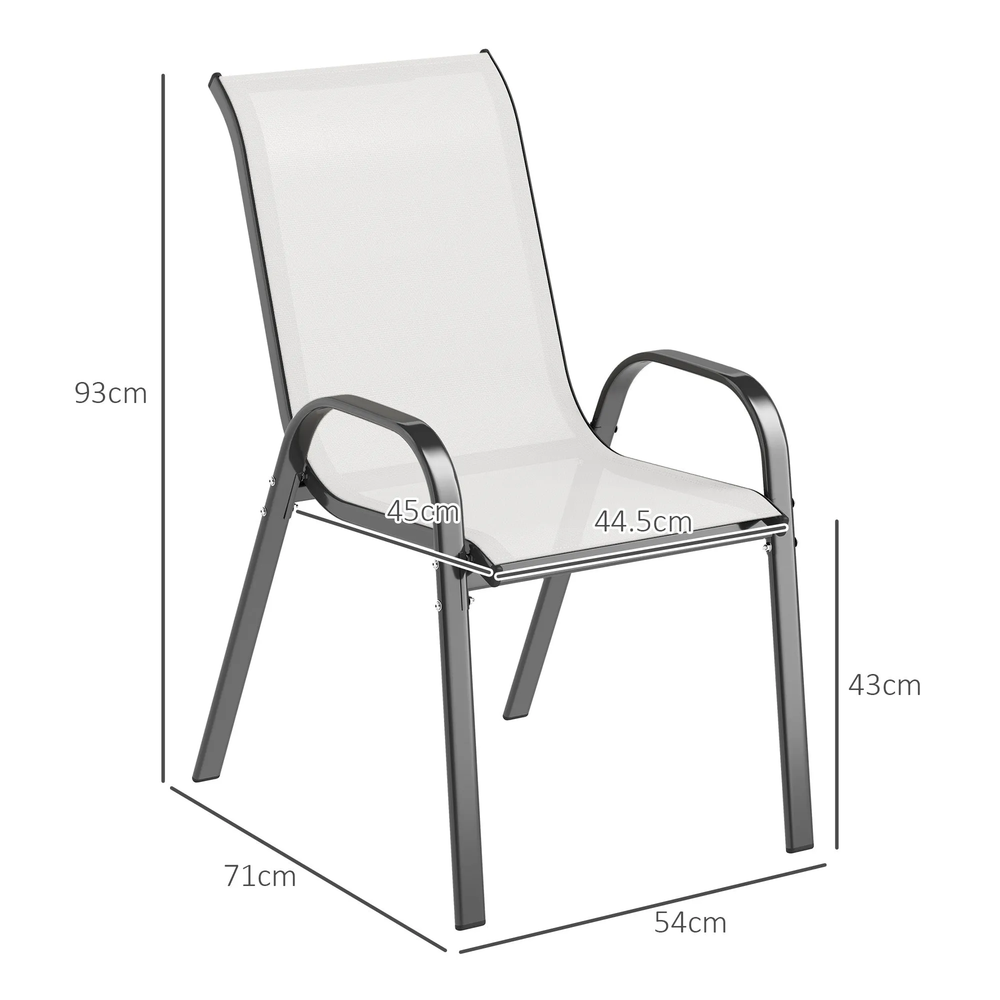 Outsunny Set of 2 Stackable Garden Chairs with Curved Armrests, in Steel and Breathable Fabric, 54x71x93 cm, Light Grey - Image 3