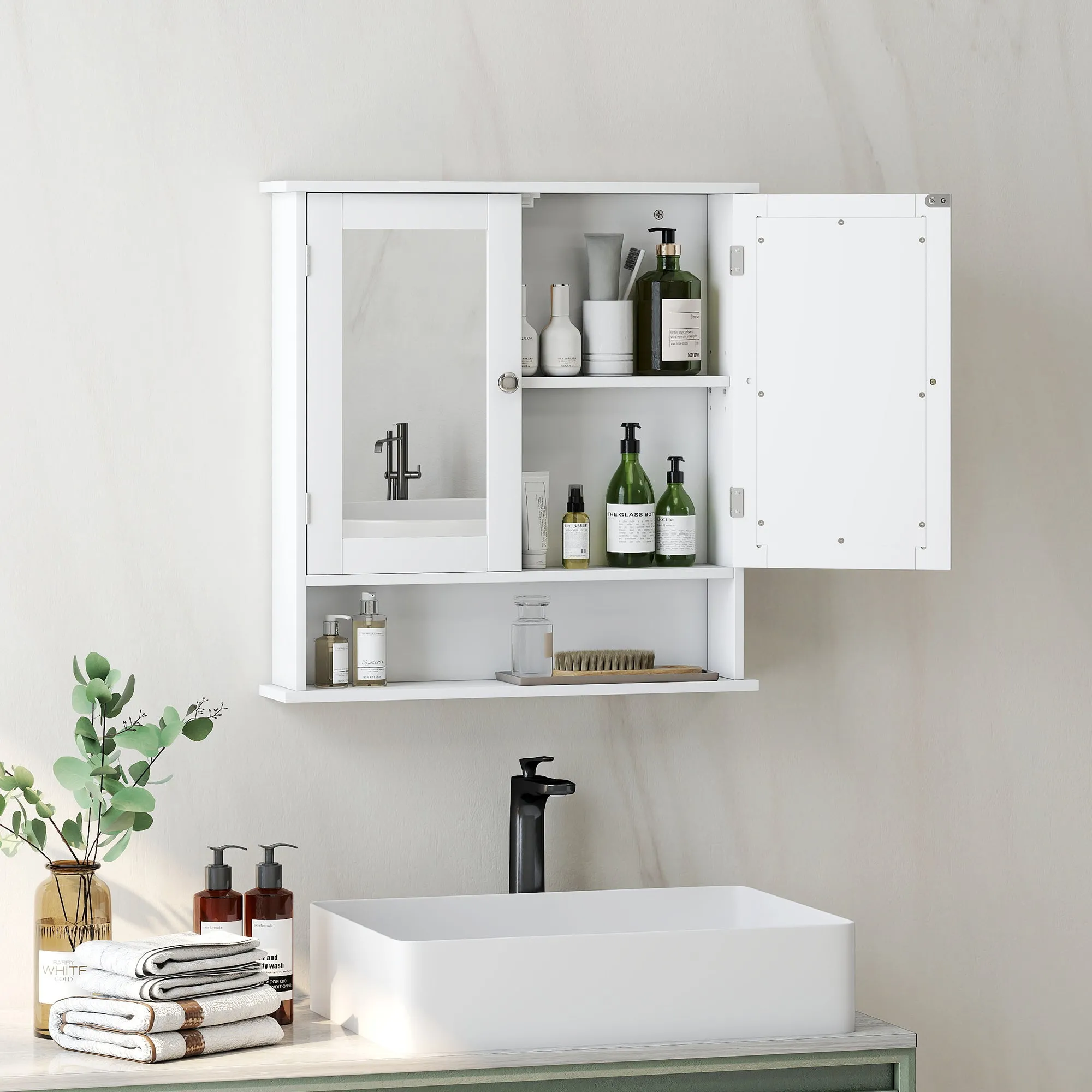 kleankin Wall-Mounted Bathroom Cabinet with 2 Mirrored Doors and Open Shelf, 56x13x58 cm, White - Image 2
