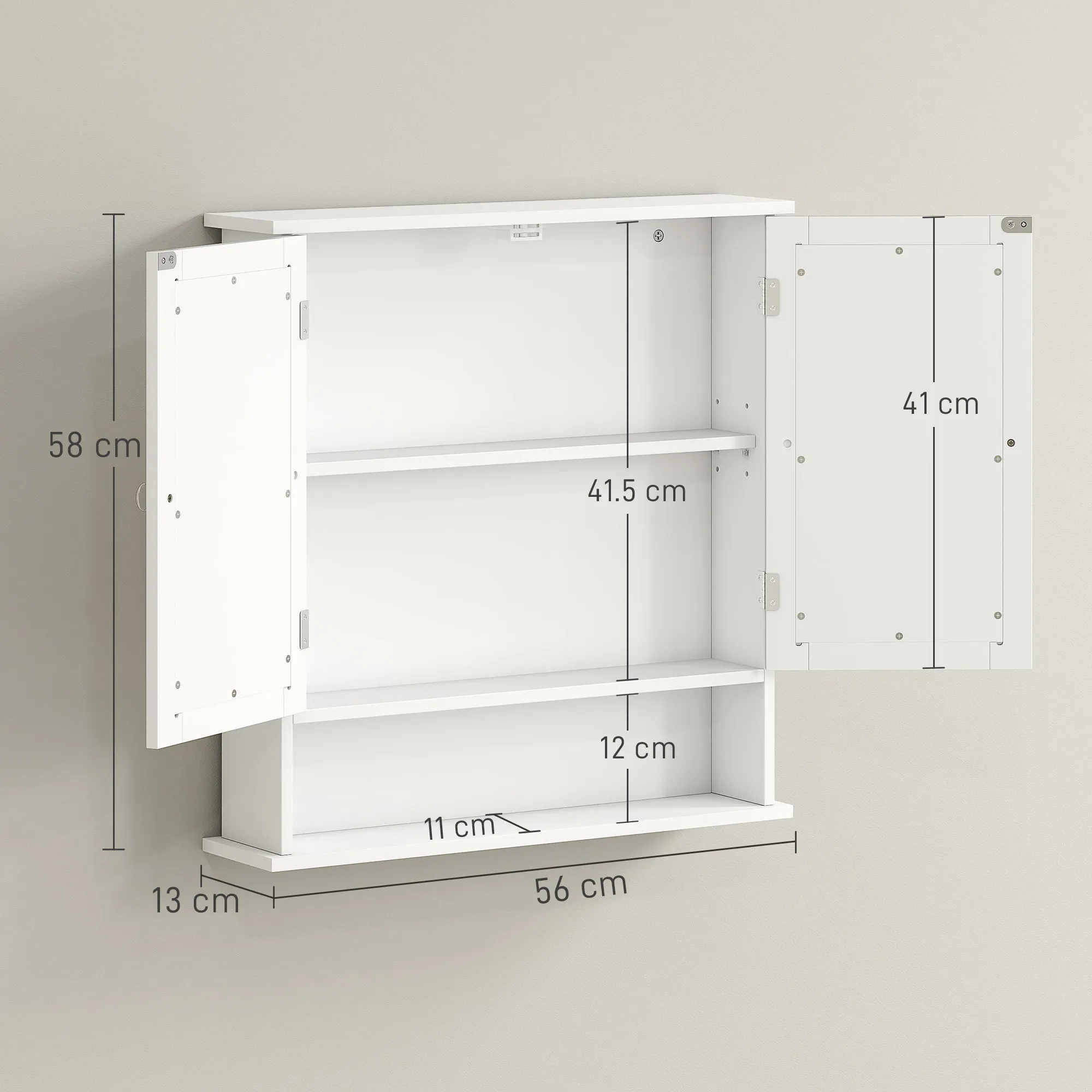 kleankin Wall-Mounted Bathroom Cabinet with 2 Mirrored Doors and Open Shelf, 56x13x58 cm, White - Image 3