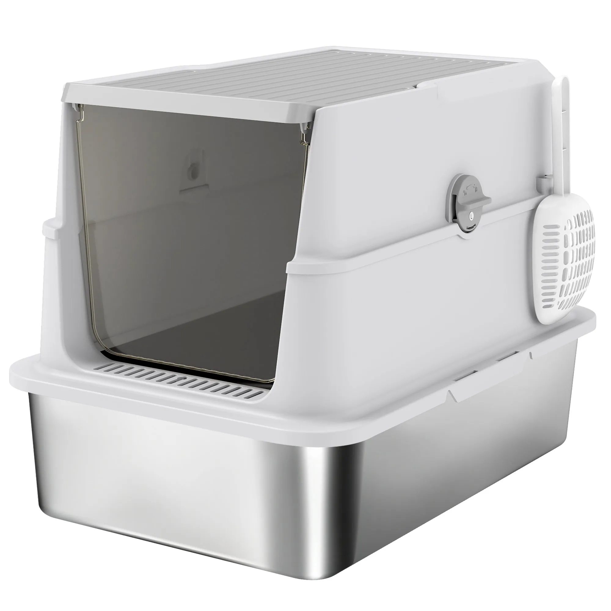 PawHut Stainless Steel Litter Box for Large Cats with Flip Lid, Scoop and Deodorizer, Light Grey