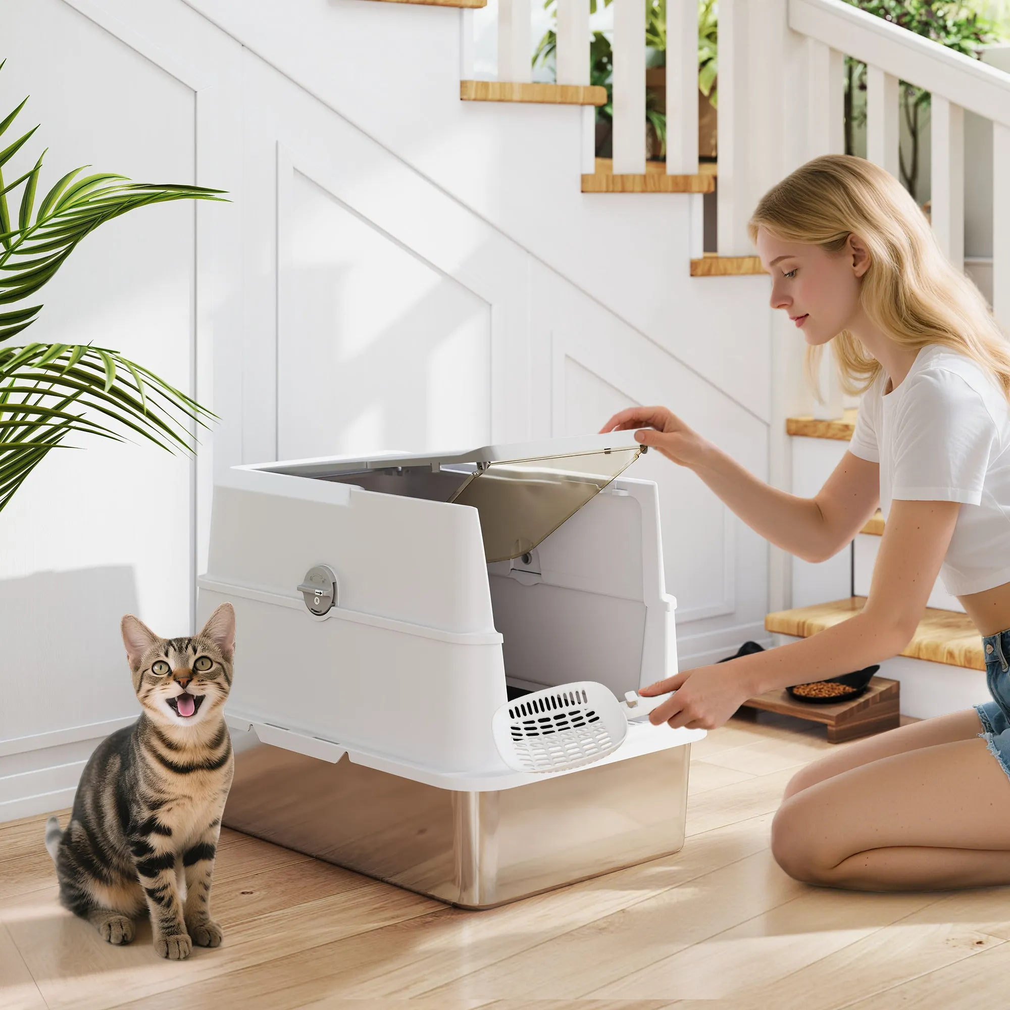 PawHut Stainless Steel Litter Box for Large Cats with Flip Lid, Scoop and Deodorizer, Light Grey - Image 2