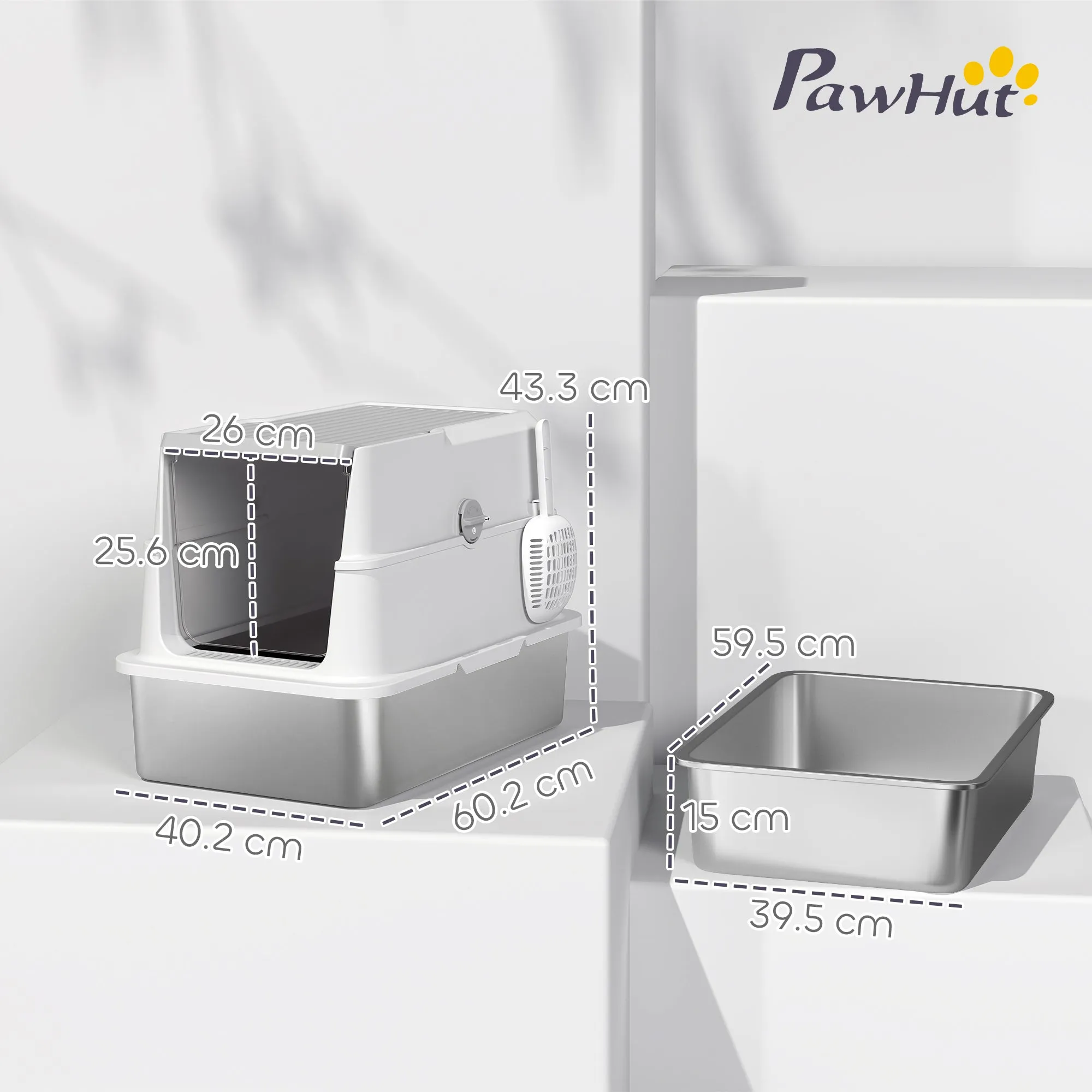 PawHut Stainless Steel Litter Box for Large Cats with Flip Lid, Scoop and Deodorizer, Light Grey - Image 3