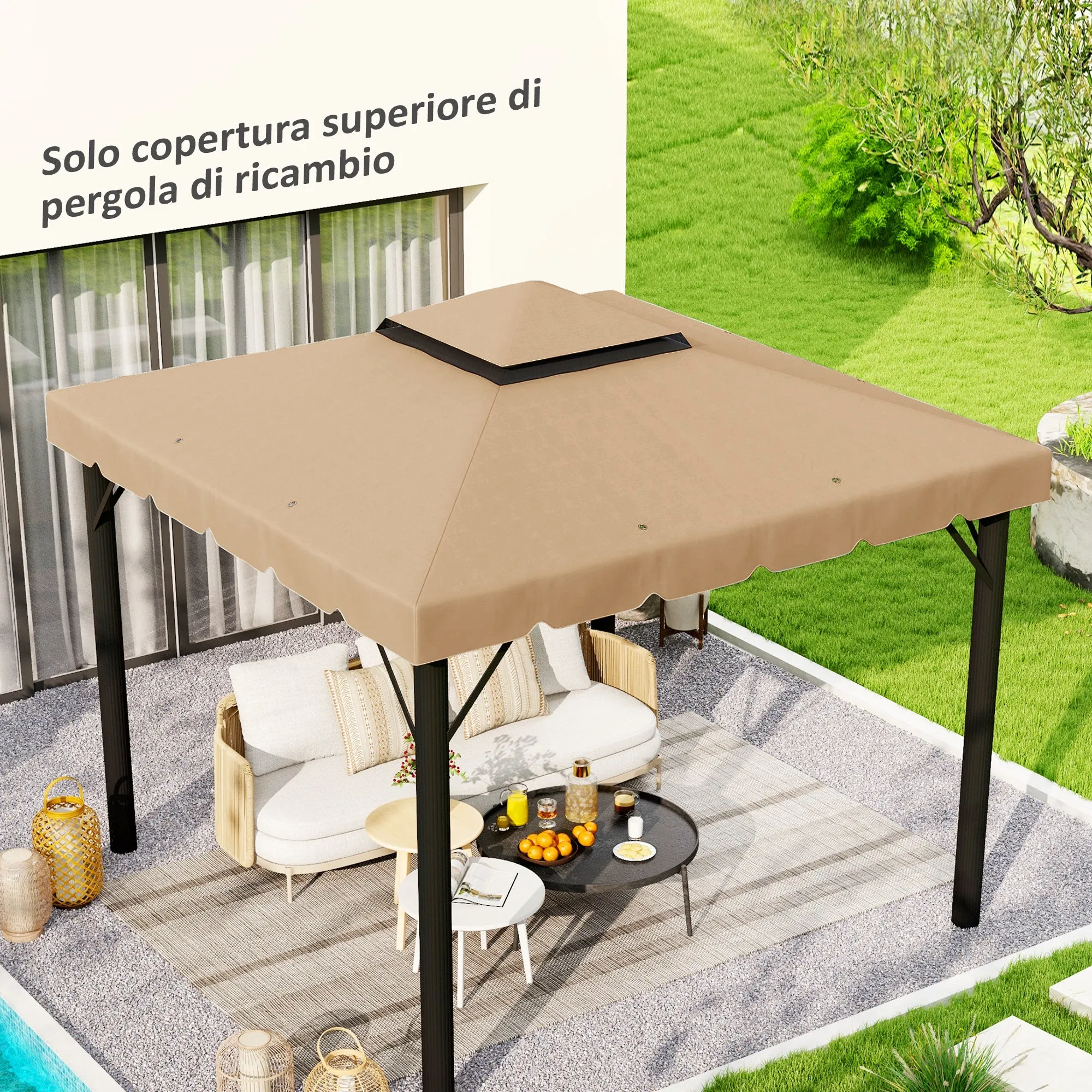 Outsunny 3x3m 2-Tier Gazebo Roof with 8 Drainage Holes in Khaki Polyester - Image 2