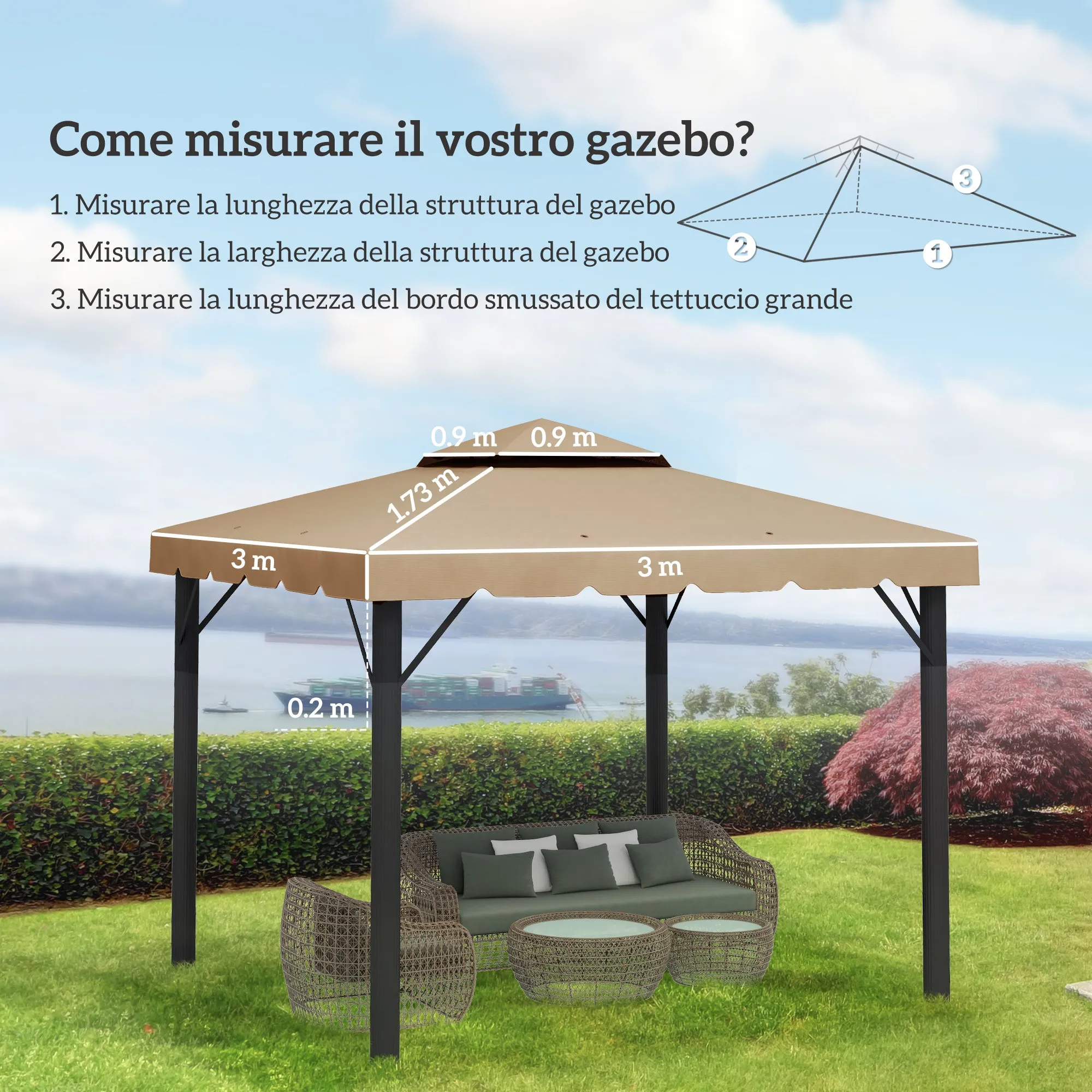 Outsunny 3x3m 2-Tier Gazebo Roof with 8 Drainage Holes in Khaki Polyester - Image 3