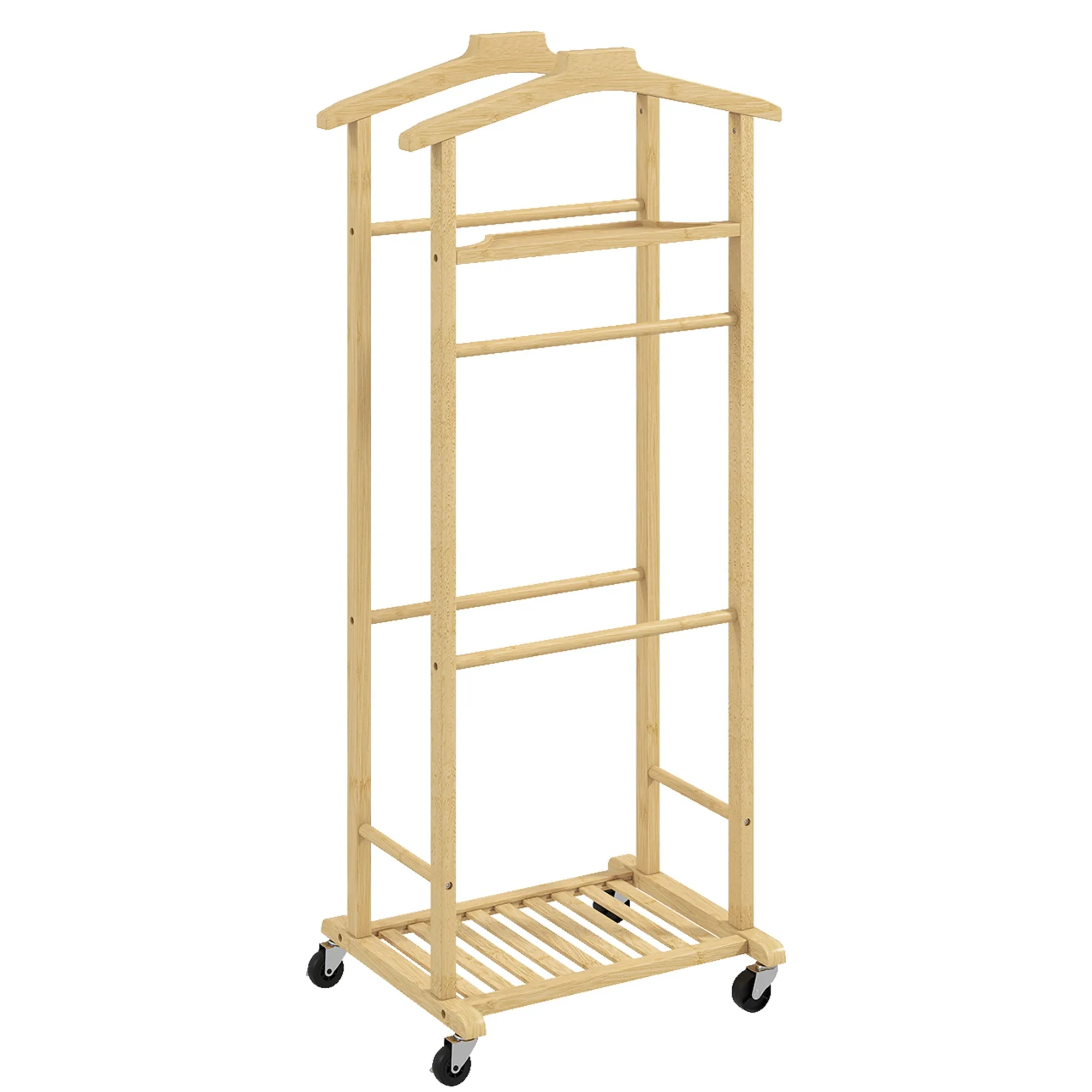 HOMCOM 4-in-1 Bamboo Valet Stand with 2 Rods, Empty Pockets Tray and Shoe Shelf, 47 x 33.7 x 105.5 cm