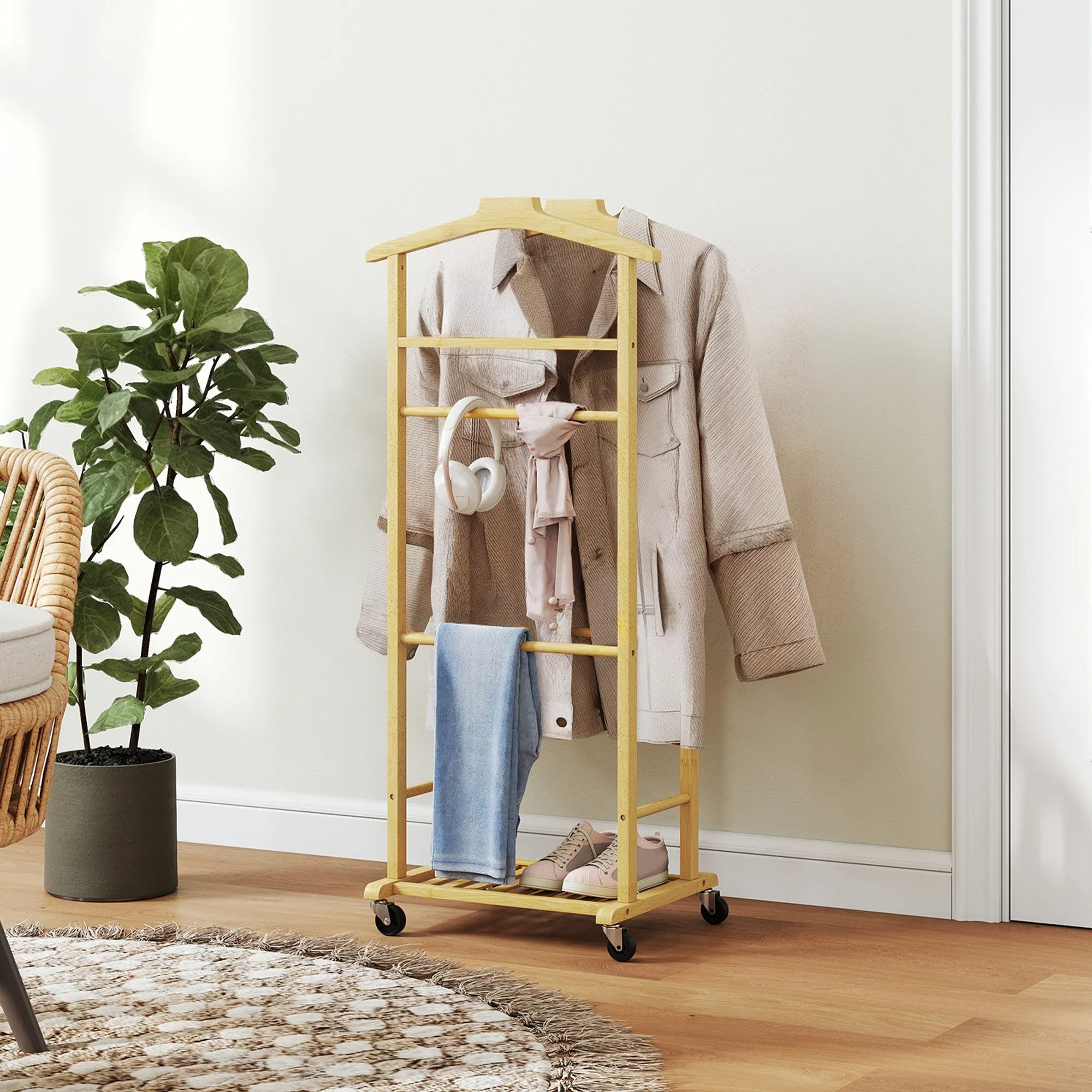 HOMCOM 4-in-1 Bamboo Valet Stand with 2 Rods, Empty Pockets Tray and Shoe Shelf, 47 x 33.7 x 105.5 cm - Image 2